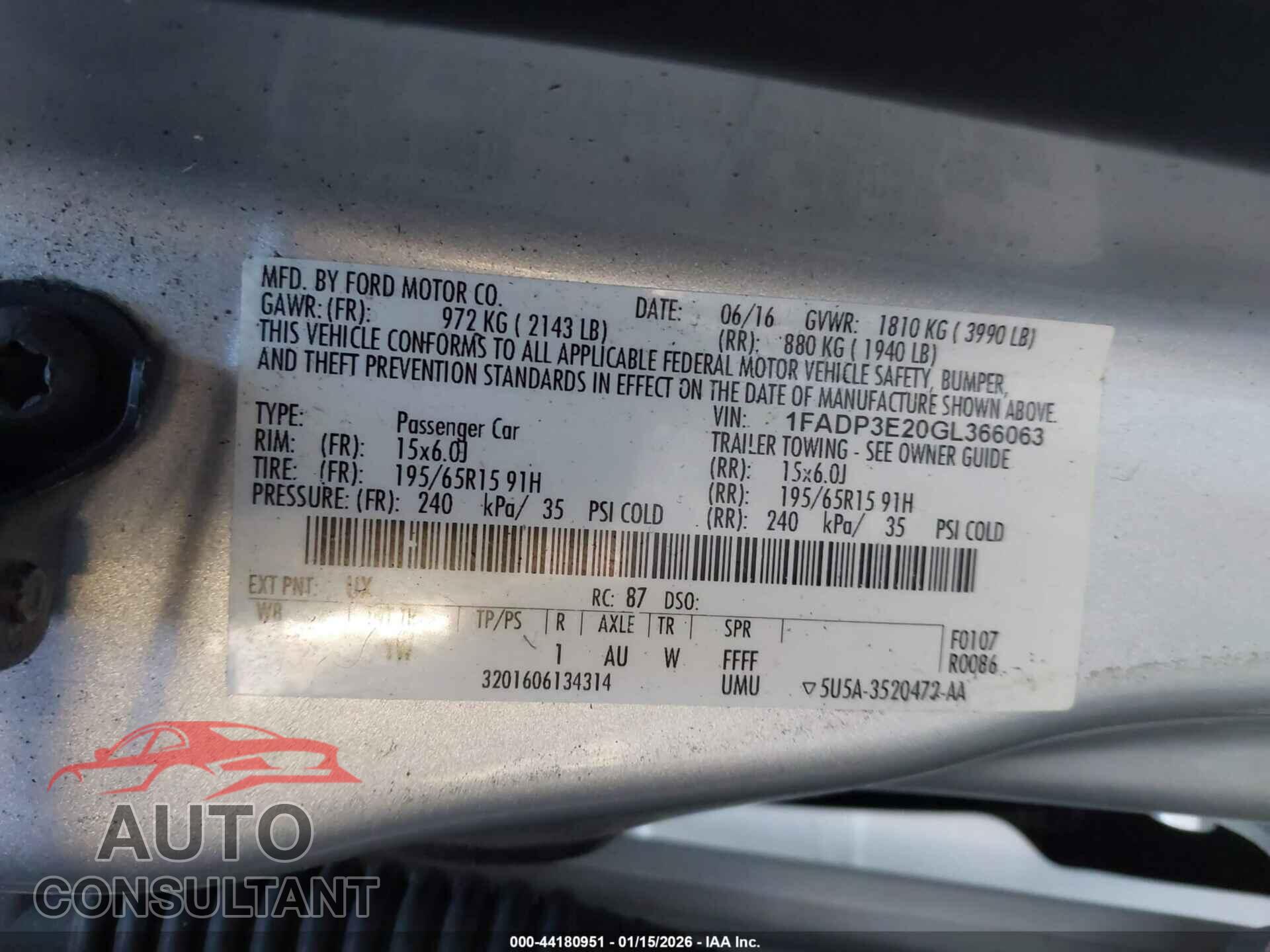 FORD FOCUS 2016 - 1FADP3E20GL366063