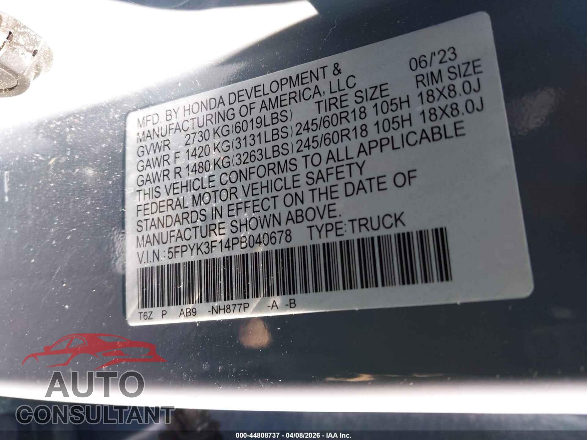 HONDA RIDGELINE 2023 - 5FPYK3F14PB040678