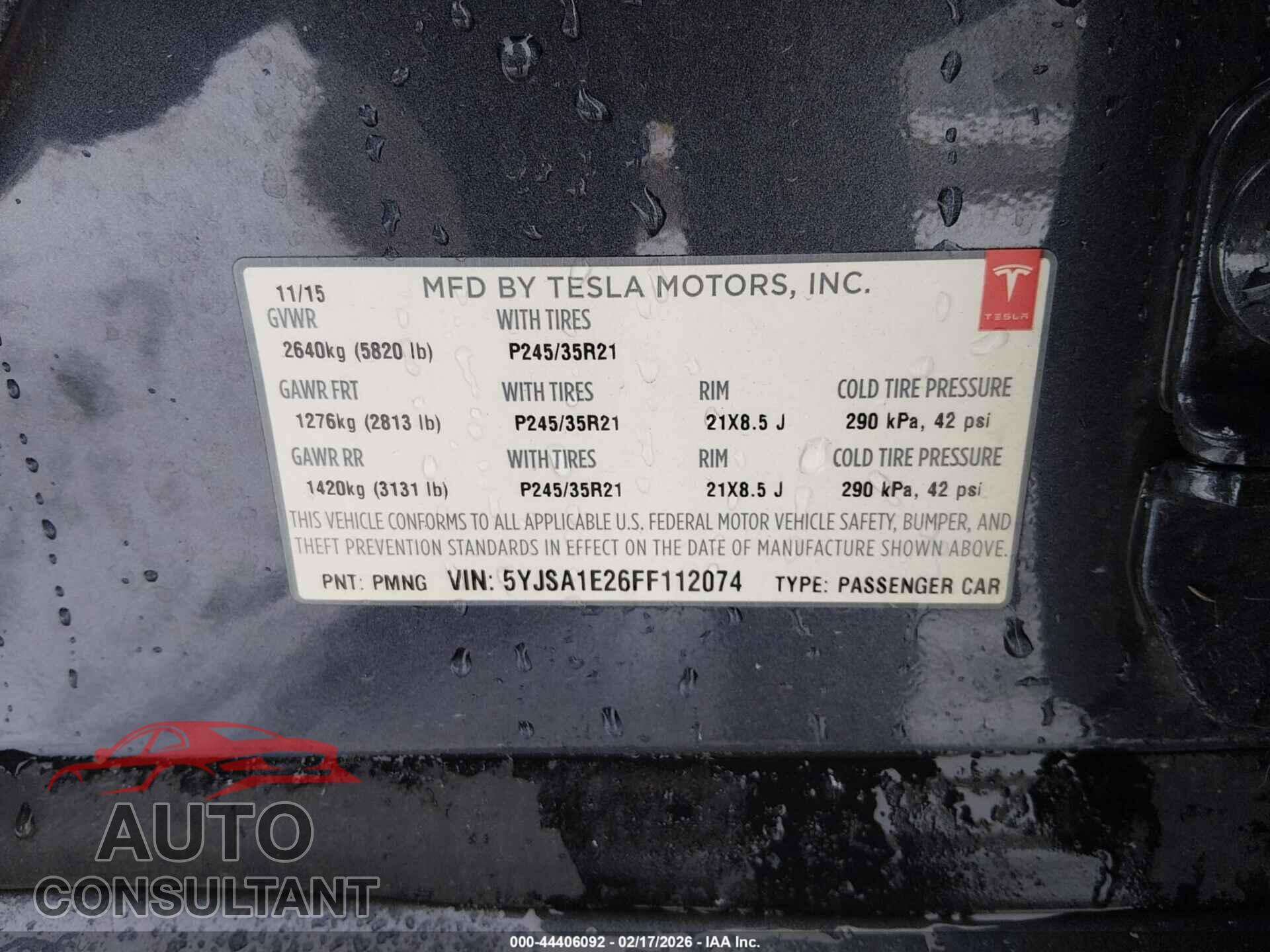 TESLA MODEL S 2015 - 5YJSA1E26FF112074