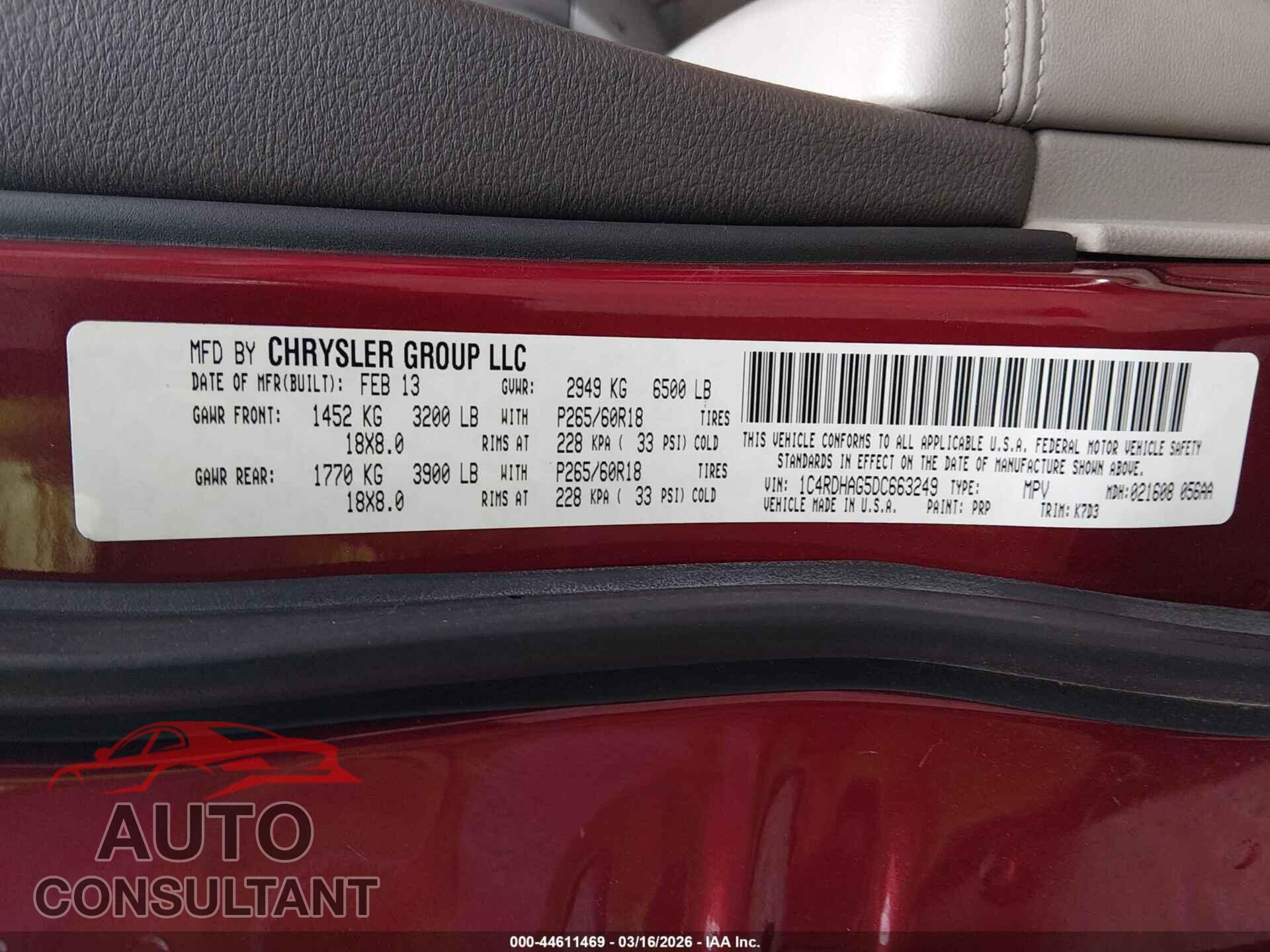 DODGE DURANGO 2013 - 1C4RDHAG5DC663249