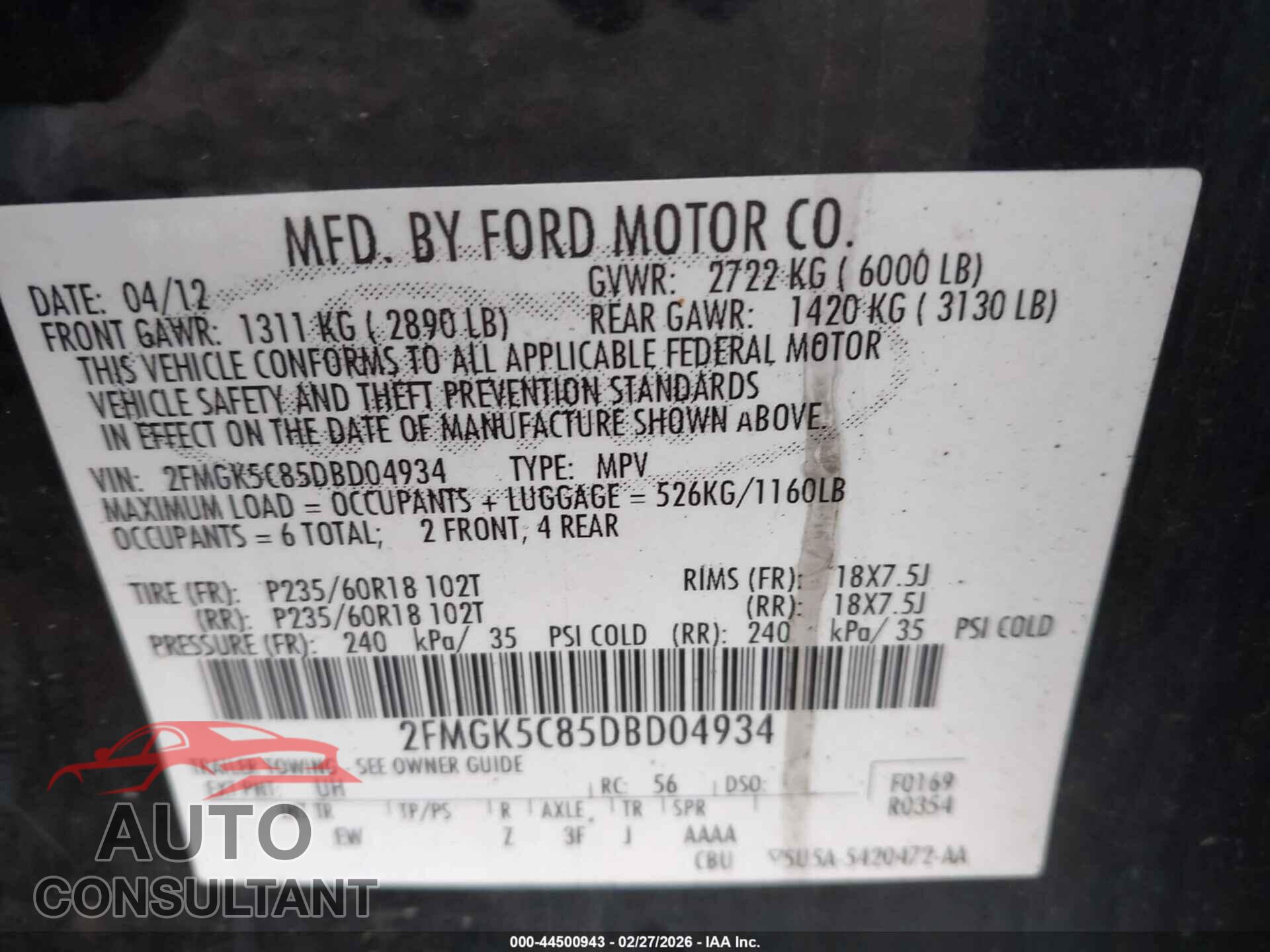 FORD FLEX 2013 - 2FMGK5C85DBD04934