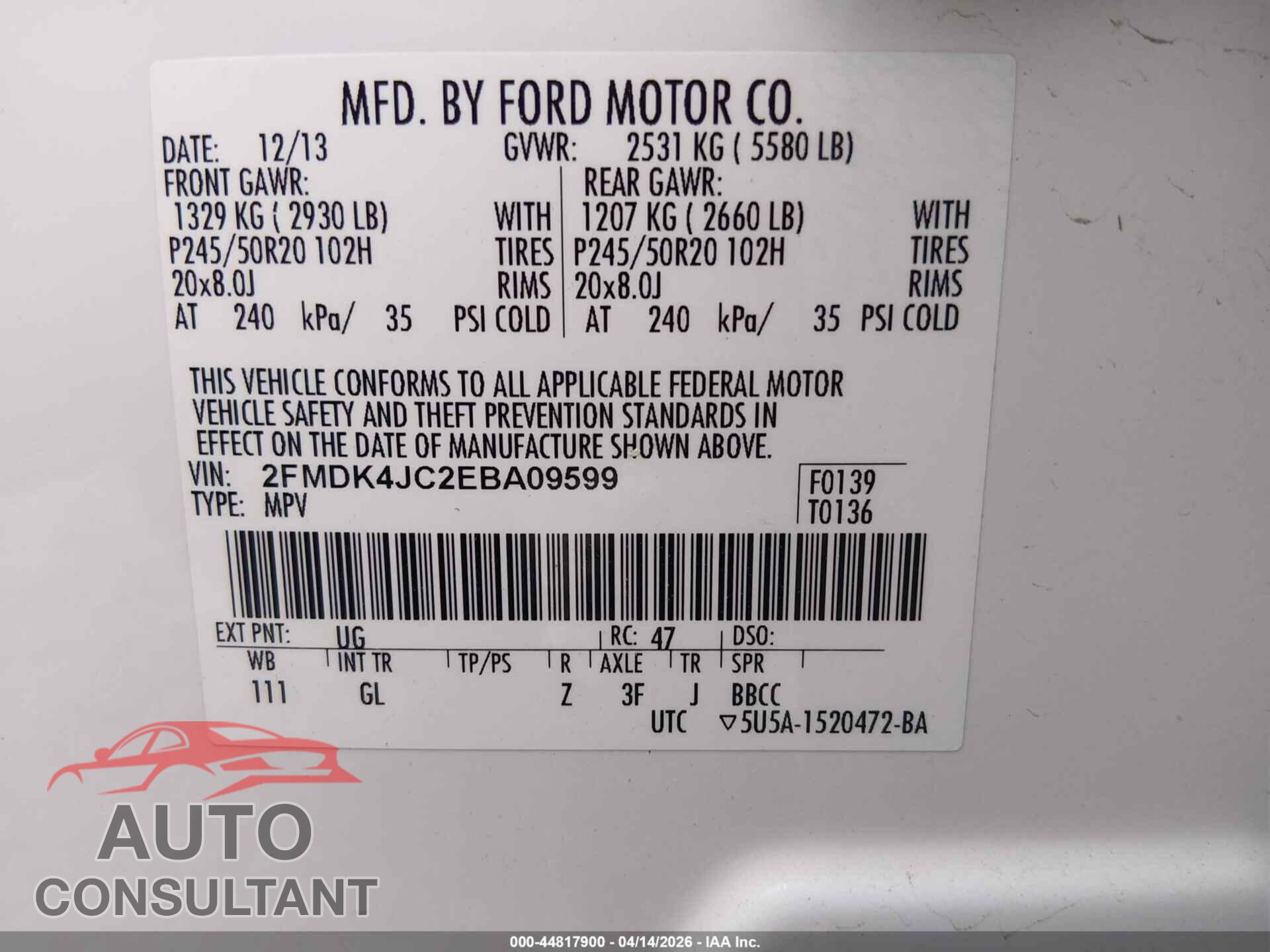 FORD EDGE 2014 - 2FMDK4JC2EBA09599