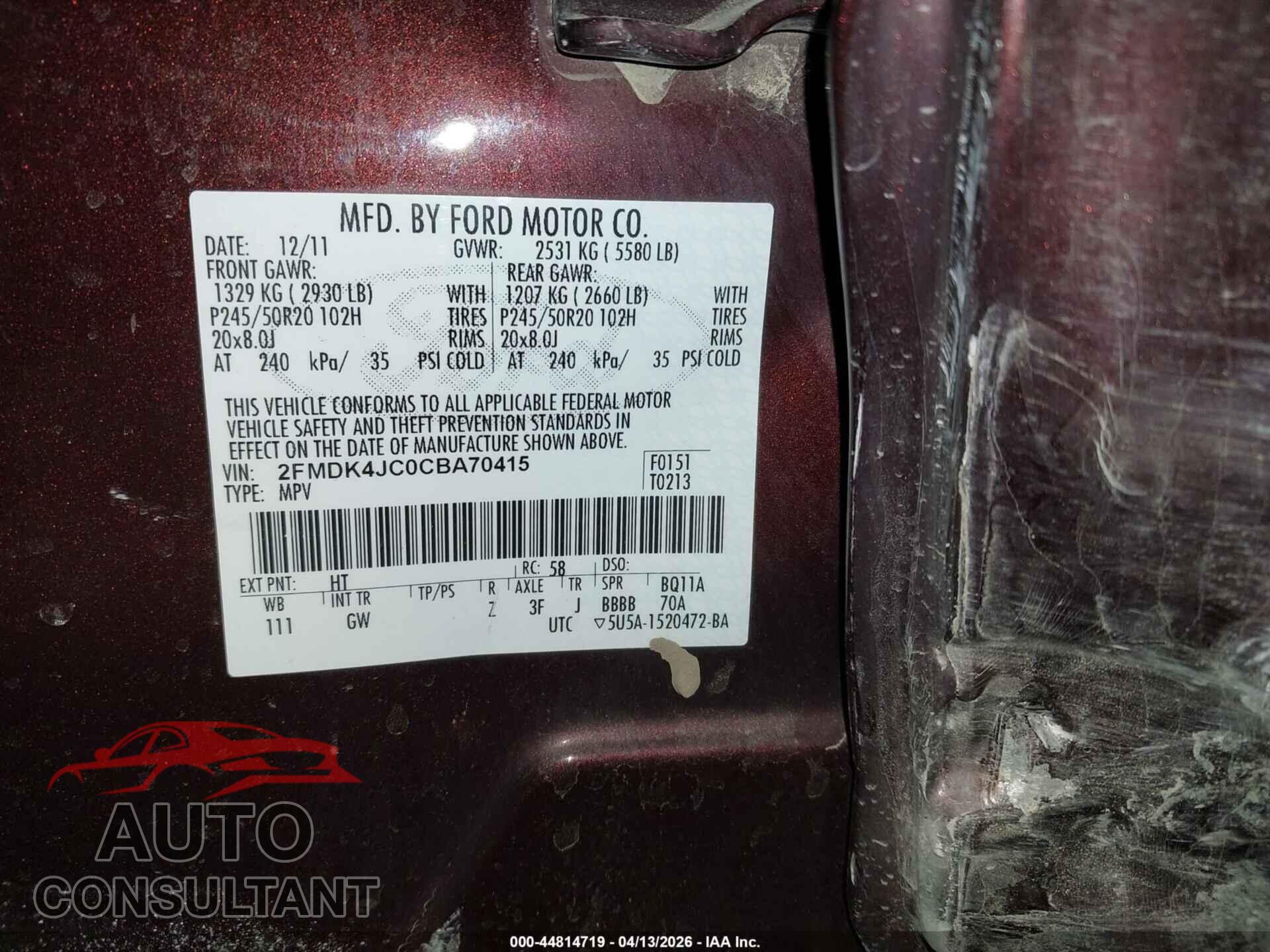 FORD EDGE 2012 - 2FMDK4JC0CBA70415