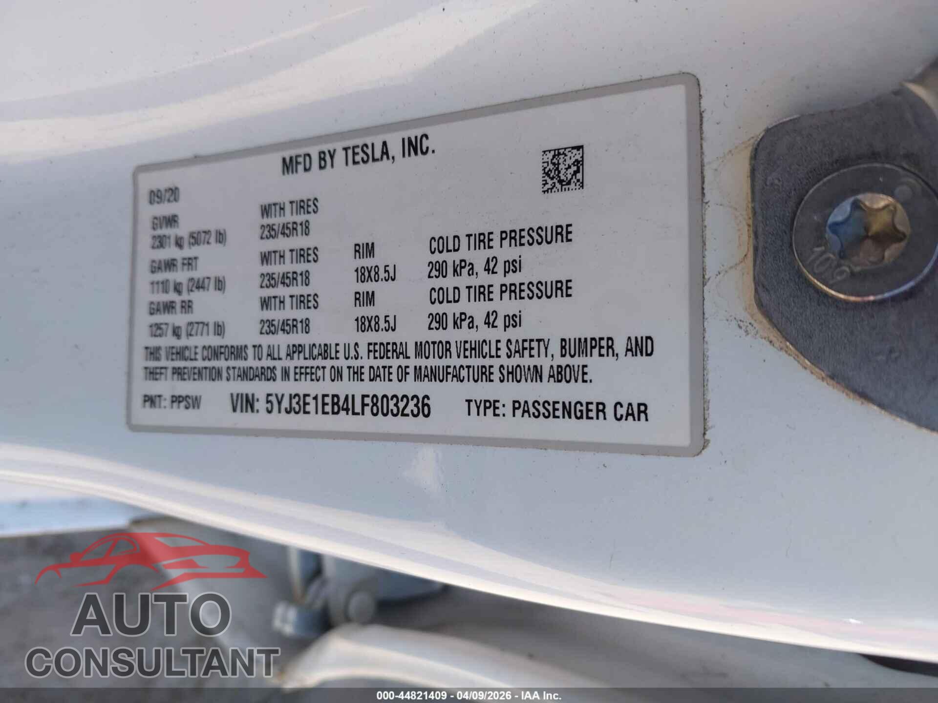 TESLA MODEL 3 2020 - 5YJ3E1EB4LF803236