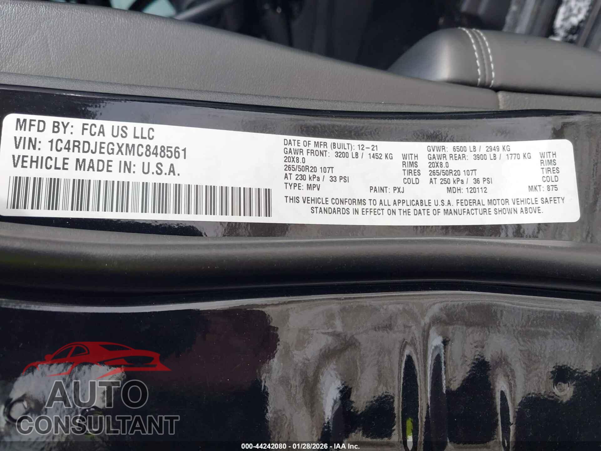DODGE DURANGO 2021 - 1C4RDJEGXMC848561