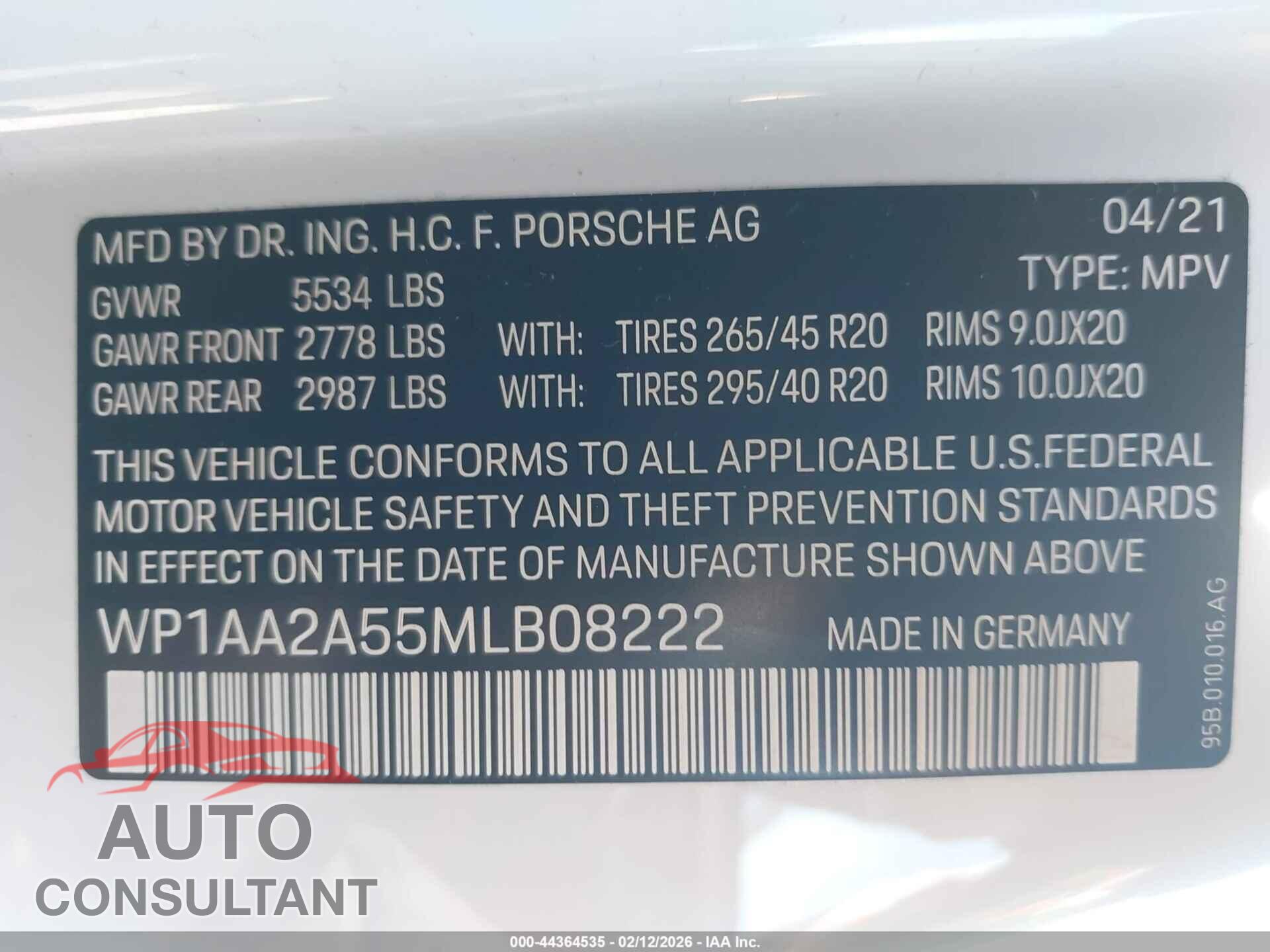PORSCHE MACAN 2021 - WP1AA2A55MLB08222