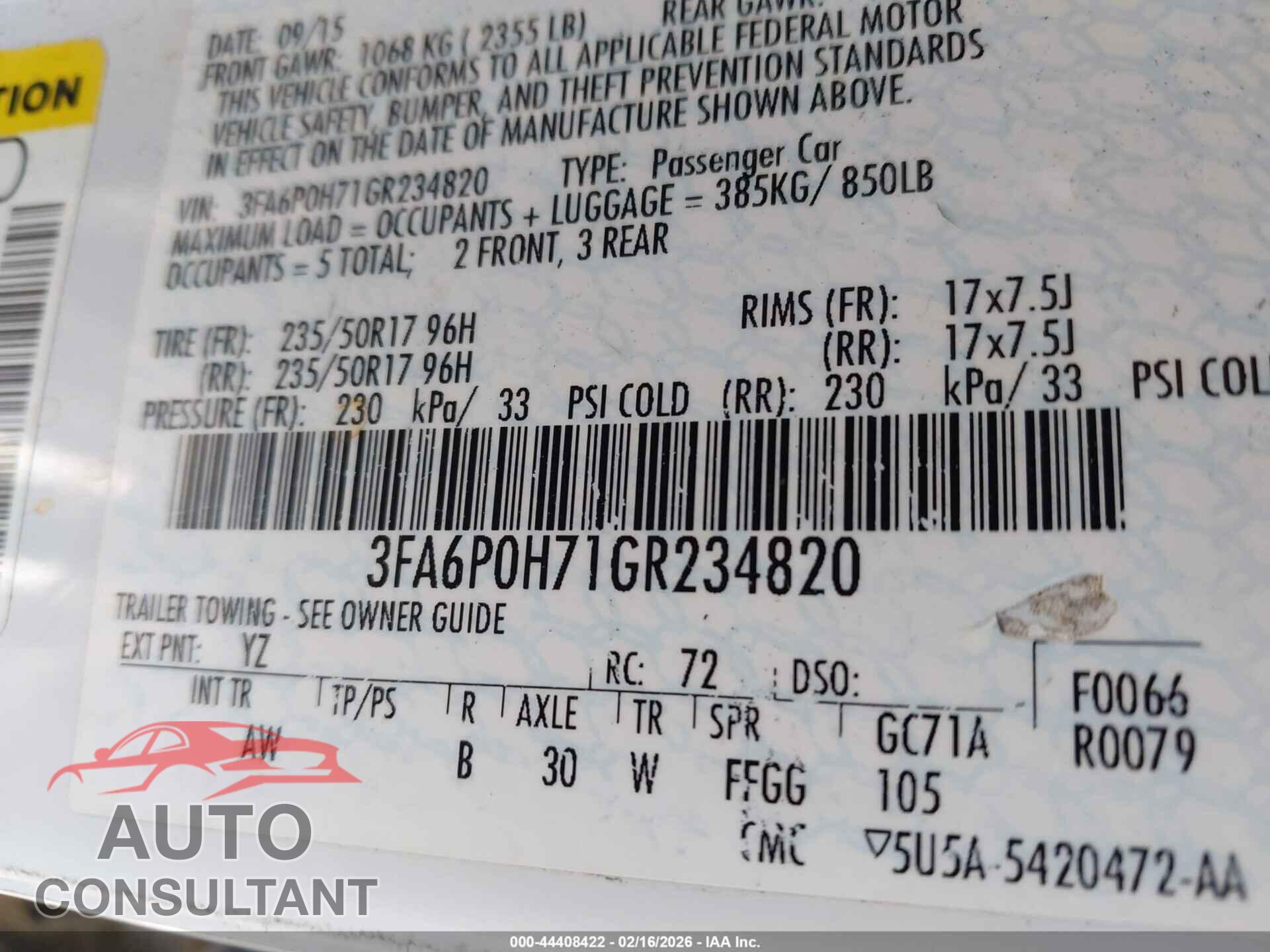 FORD FUSION 2016 - 3FA6P0H71GR234820