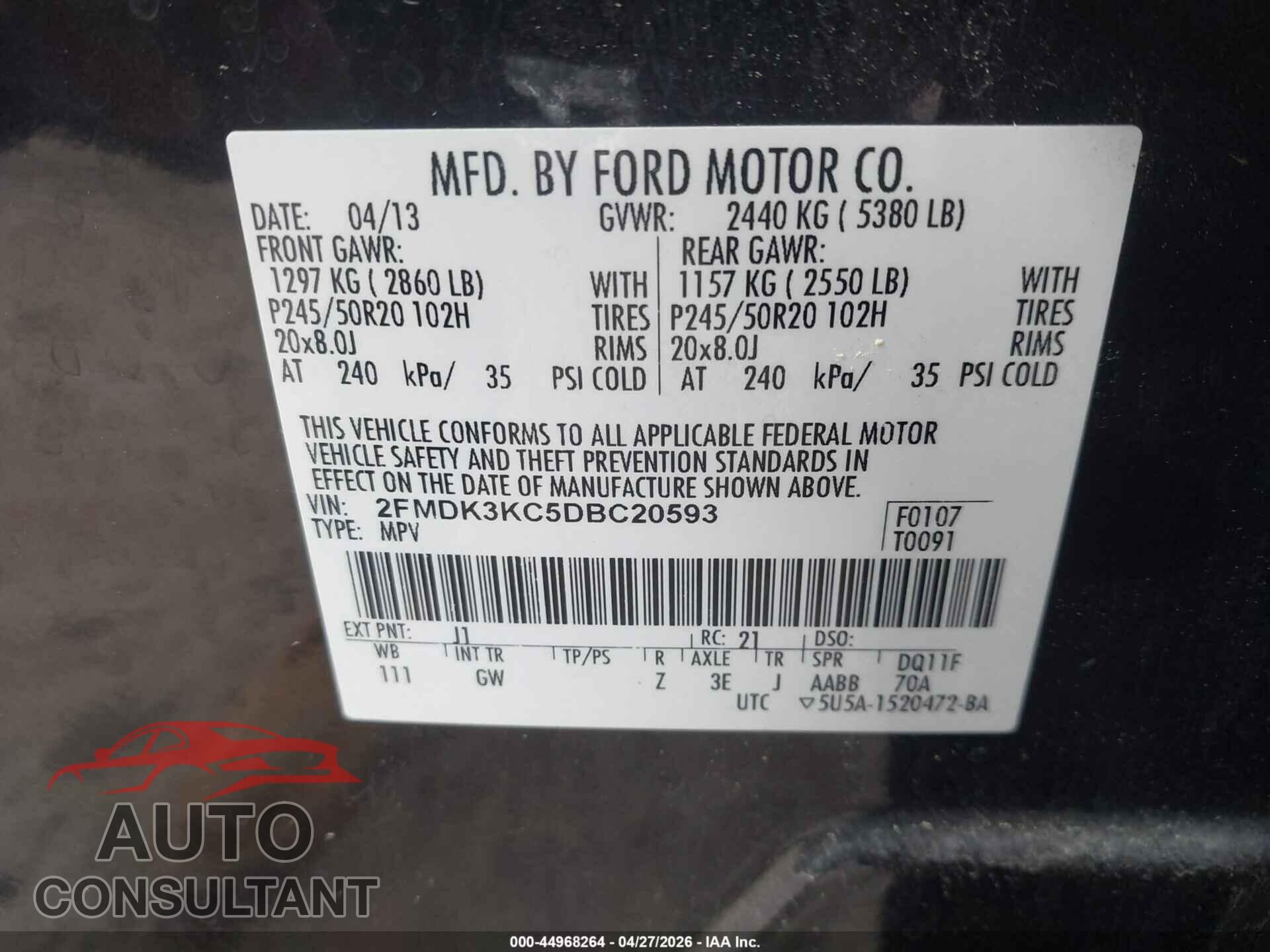 FORD EDGE 2013 - 2FMDK3KC5DBC20593