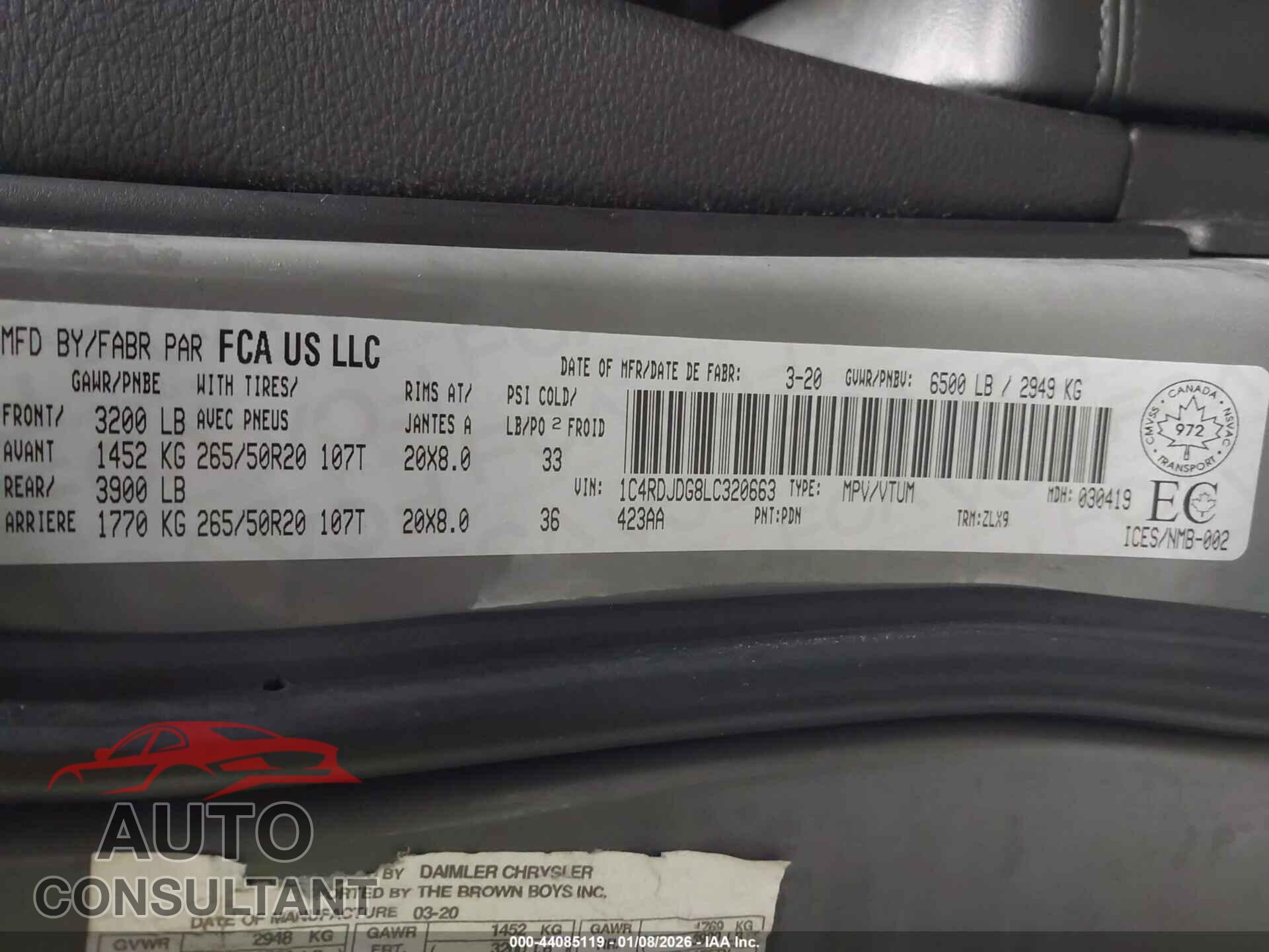 DODGE DURANGO 2020 - 1C4RDJDG8LC320663