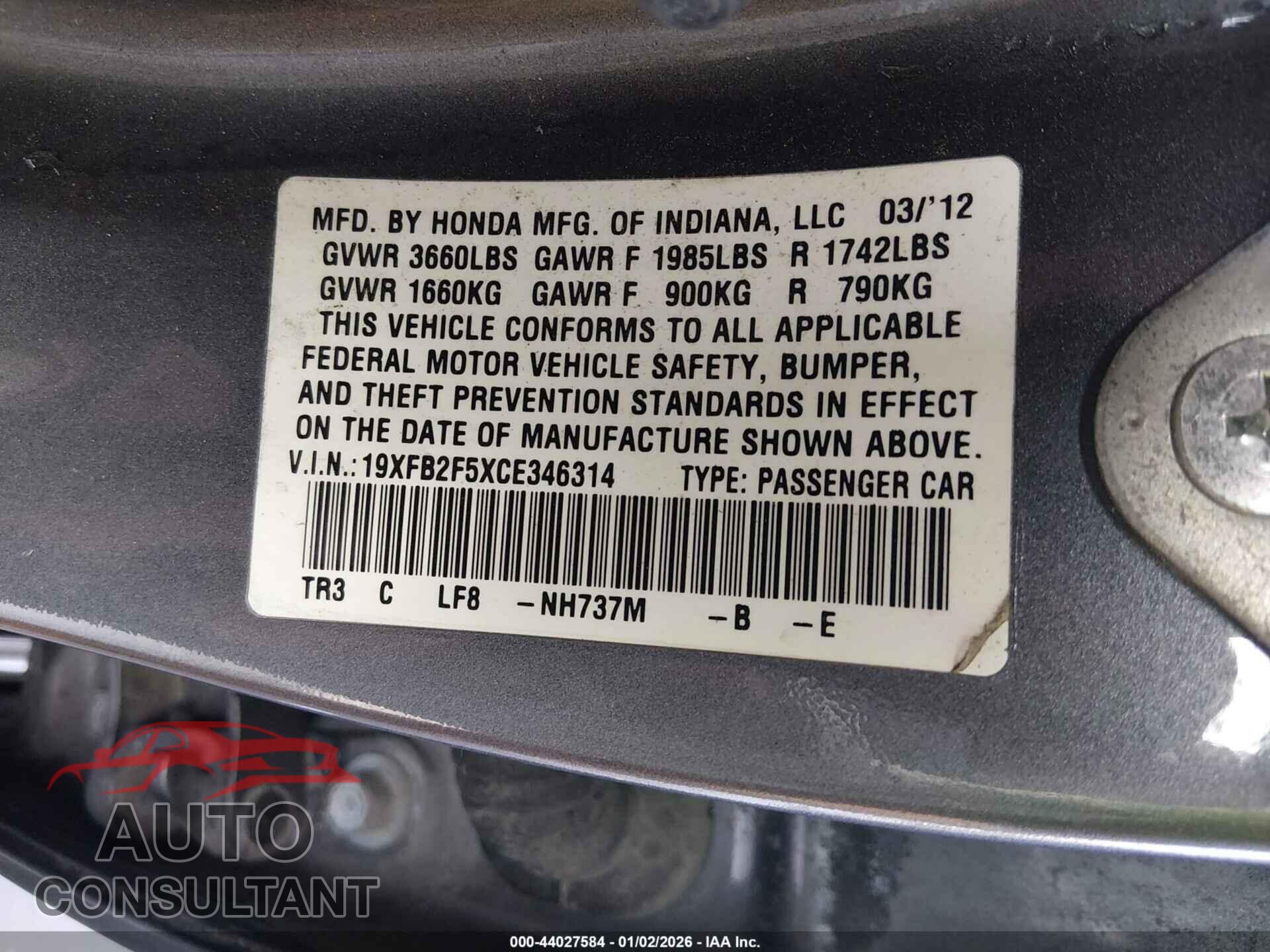 HONDA CIVIC 2012 - 19XFB2F5XCE346314