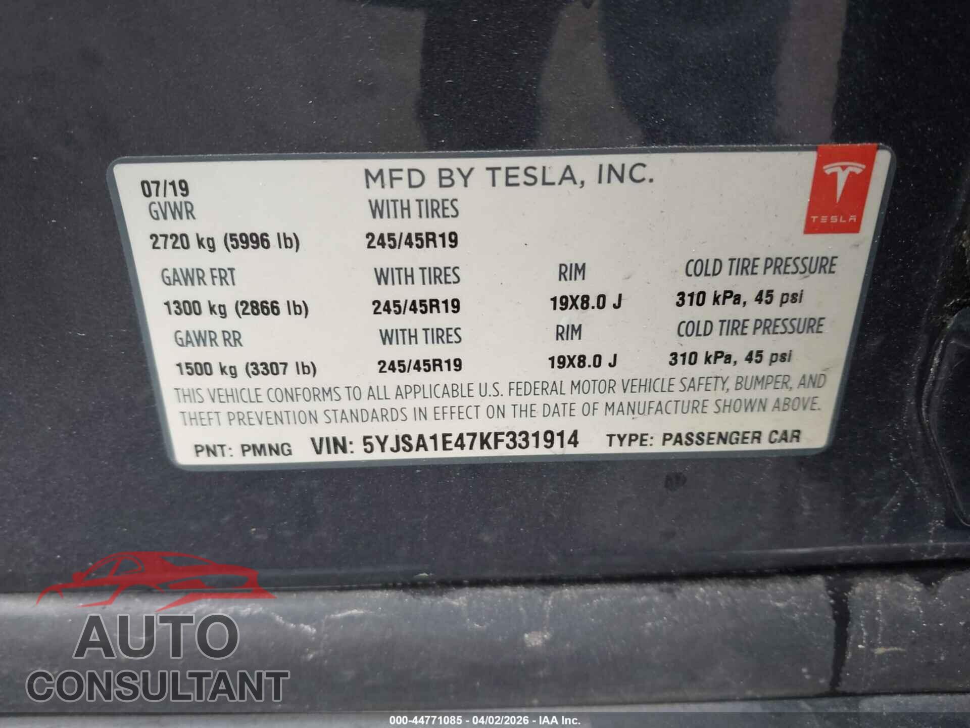 TESLA MODEL S 2019 - 5YJSA1E47KF331914