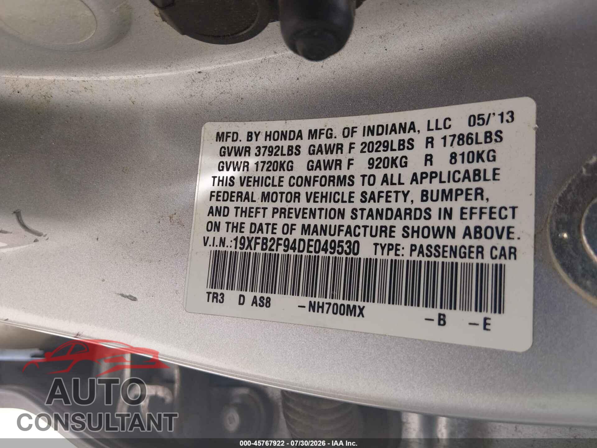 HONDA CIVIC 2013 - 19XFB2F94DE049530