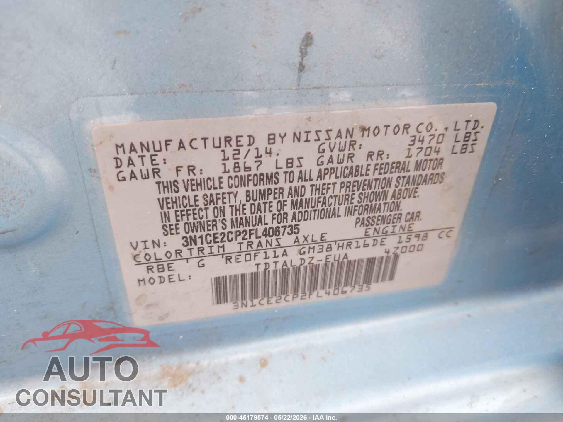 NISSAN VERSA NOTE 2015 - 3N1CE2CP2FL406735