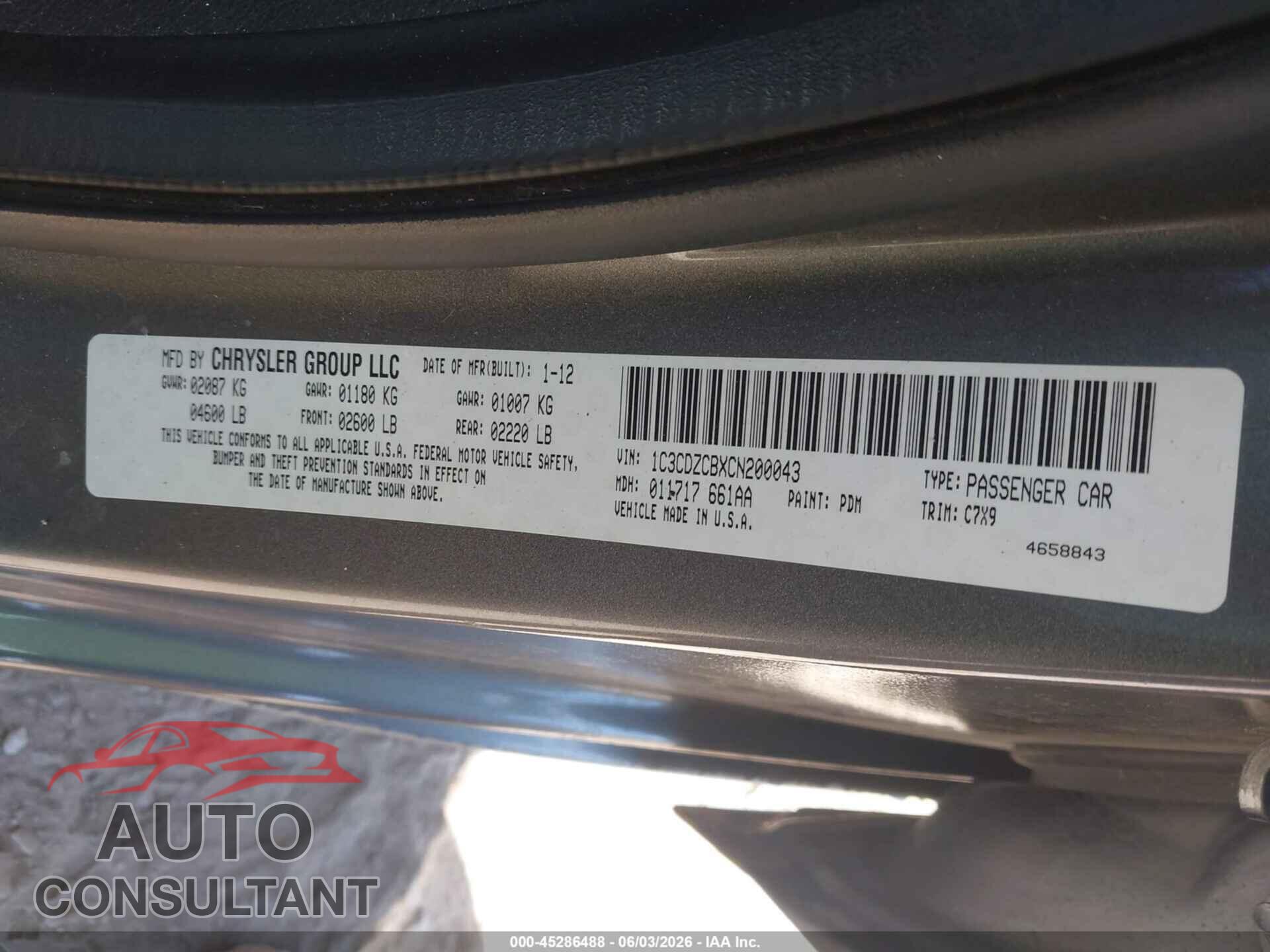 DODGE AVENGER 2012 - 1C3CDZCBXCN200043