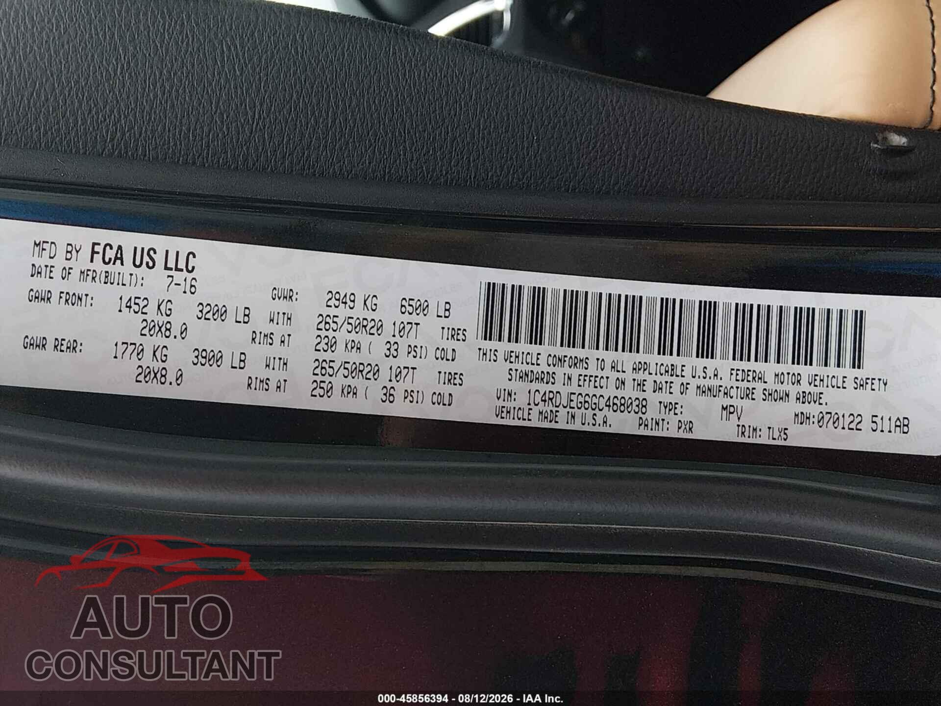 DODGE DURANGO 2016 - 1C4RDJEG6GC468038