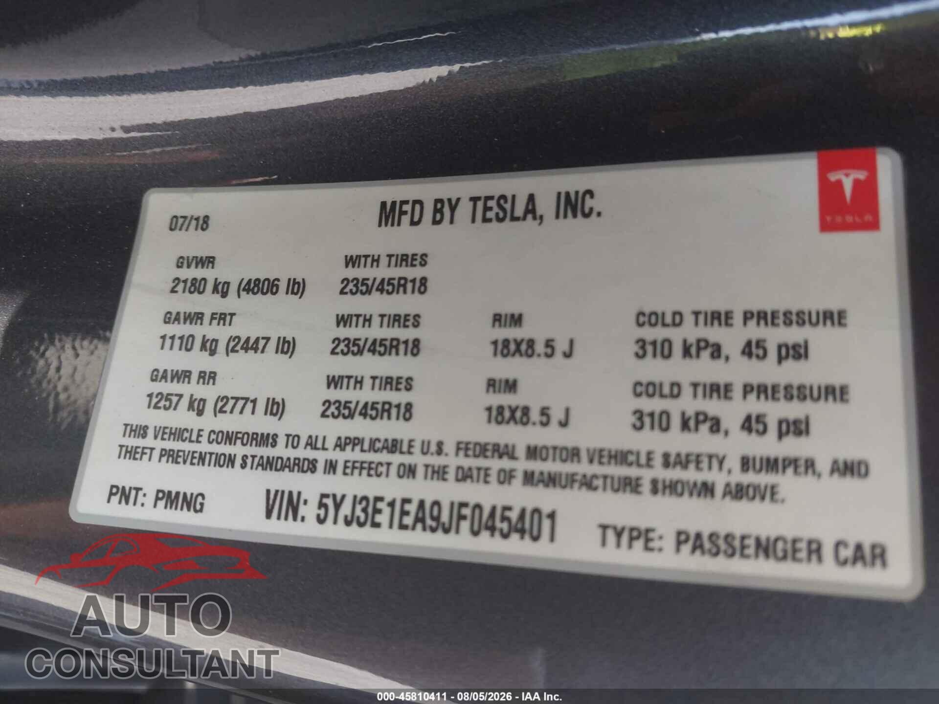 TESLA MODEL 3 2018 - 5YJ3E1EA9JF045401