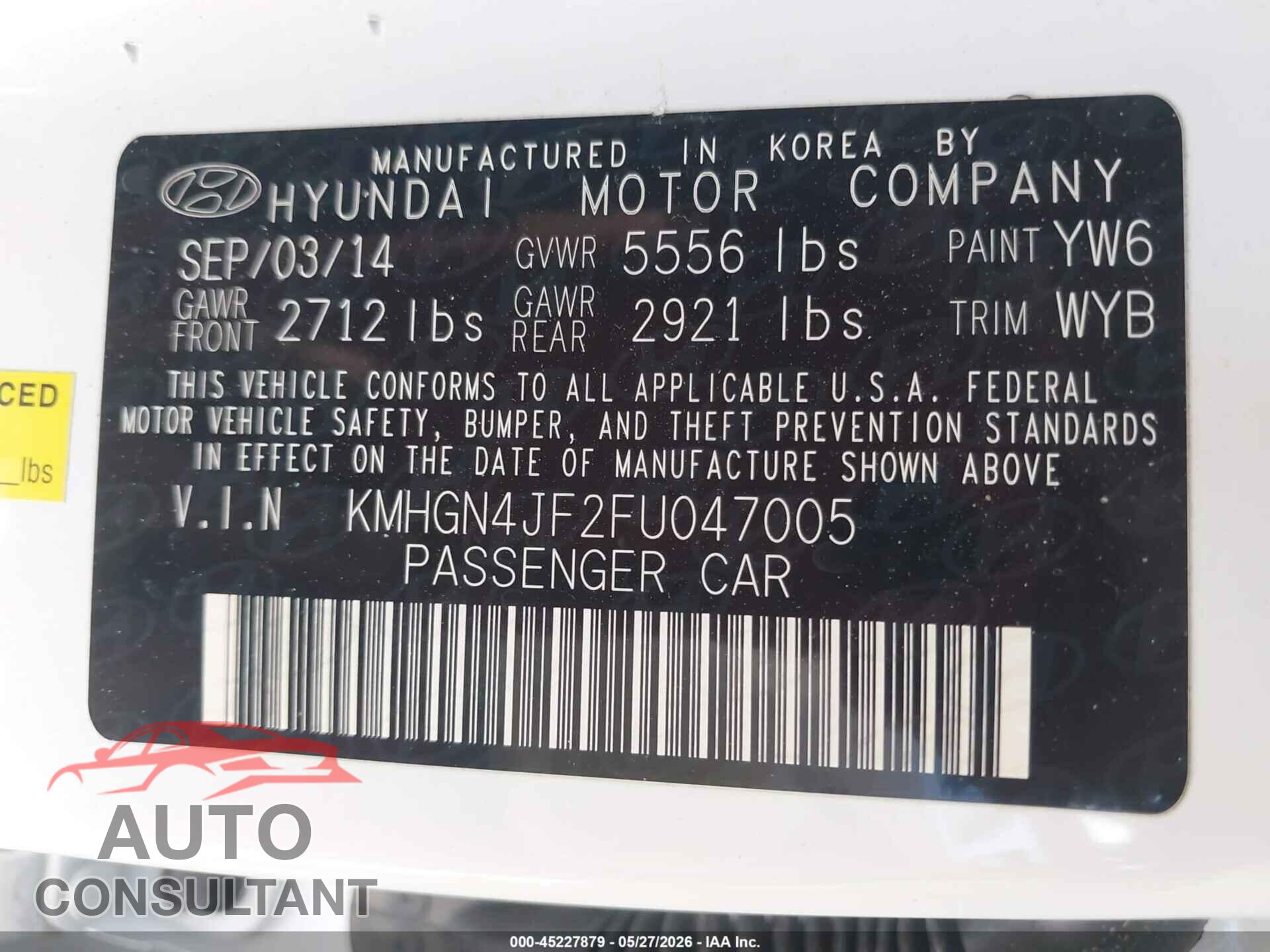 HYUNDAI GENESIS 2015 - KMHGN4JF2FU047005