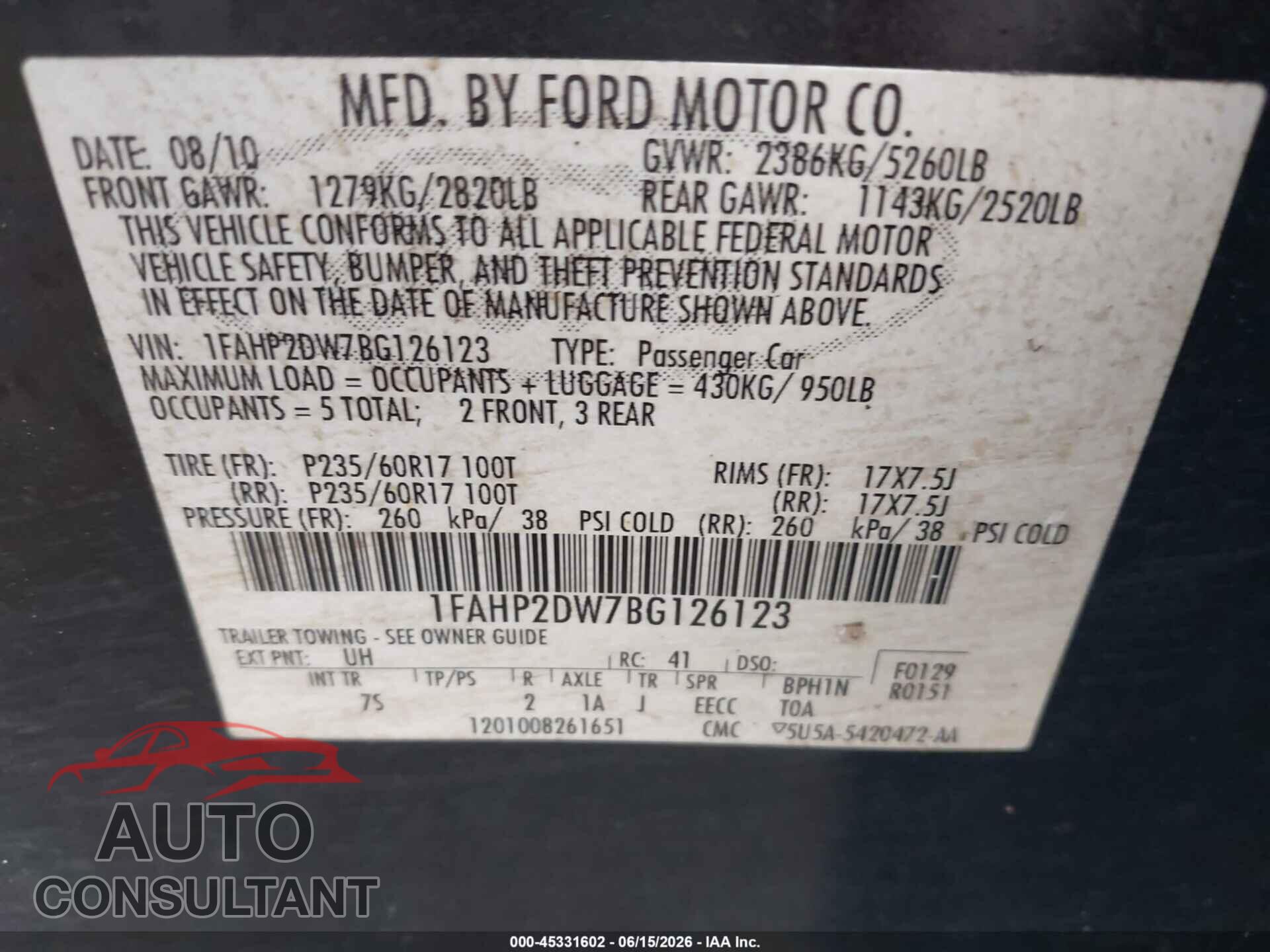 FORD TAURUS 2011 - 1FAHP2DW7BG126123