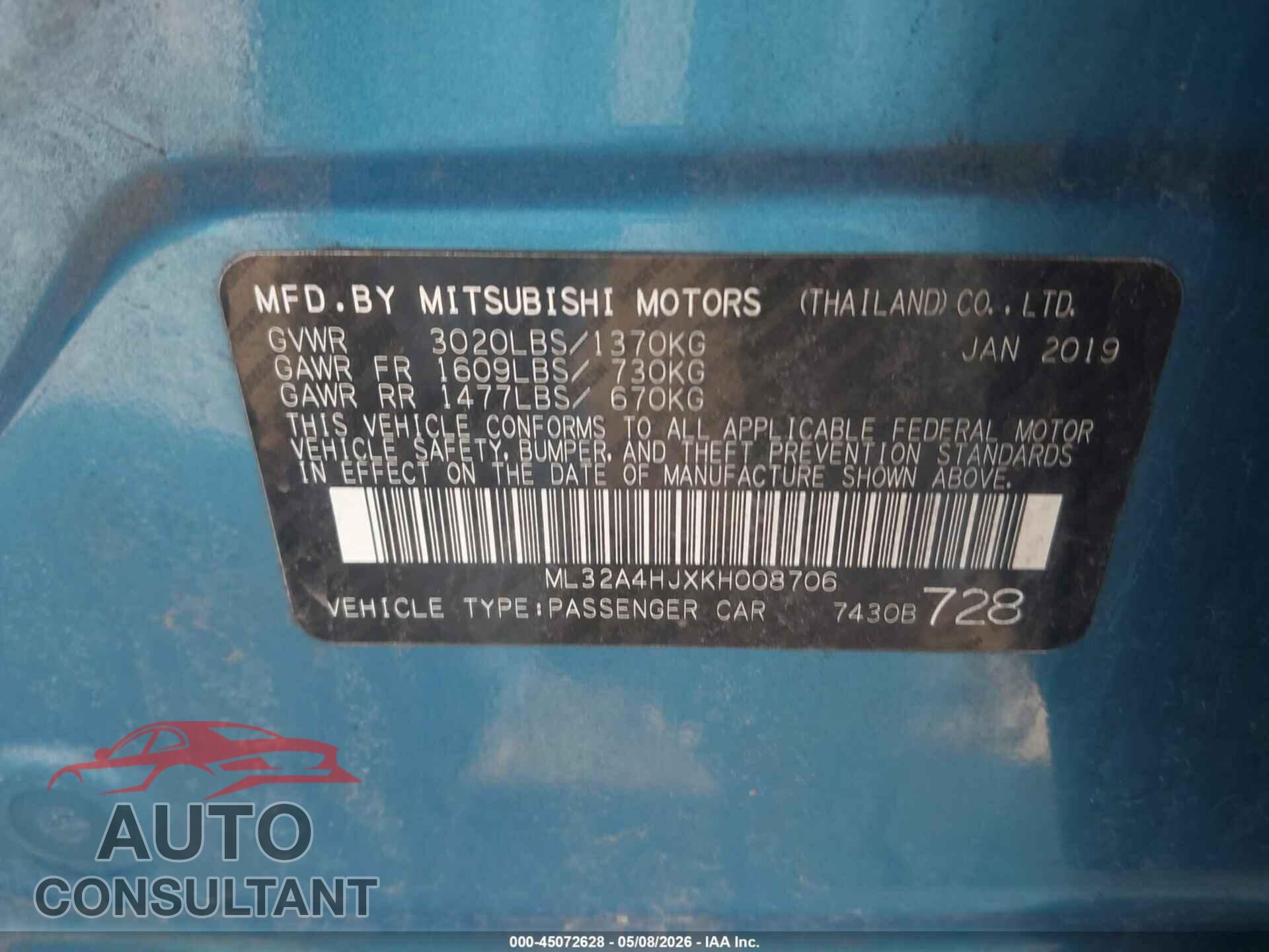 MITSUBISHI MIRAGE 2019 - ML32A4HJXKH008706