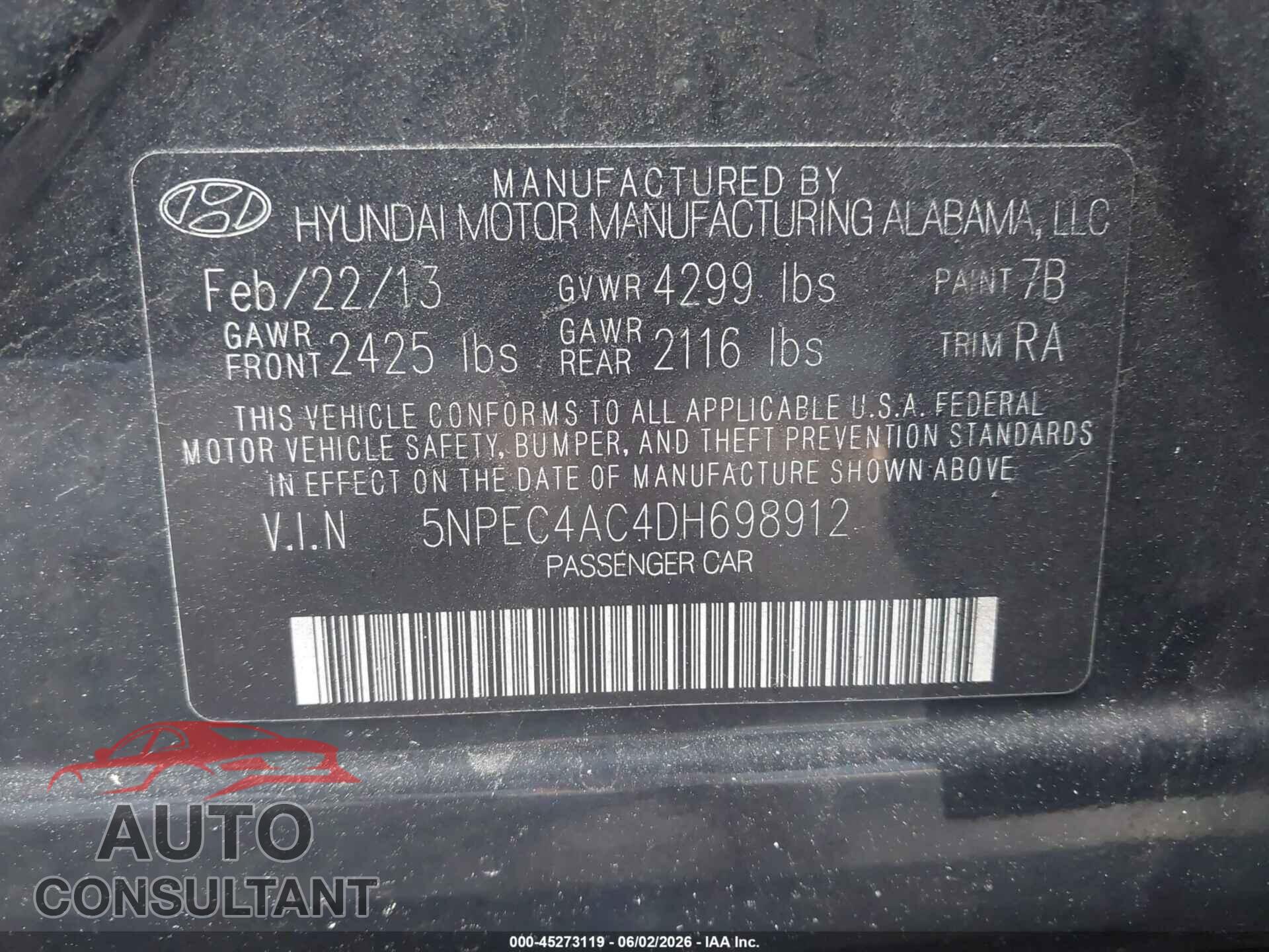 HYUNDAI SONATA 2013 - 5NPEC4AC4DH698912