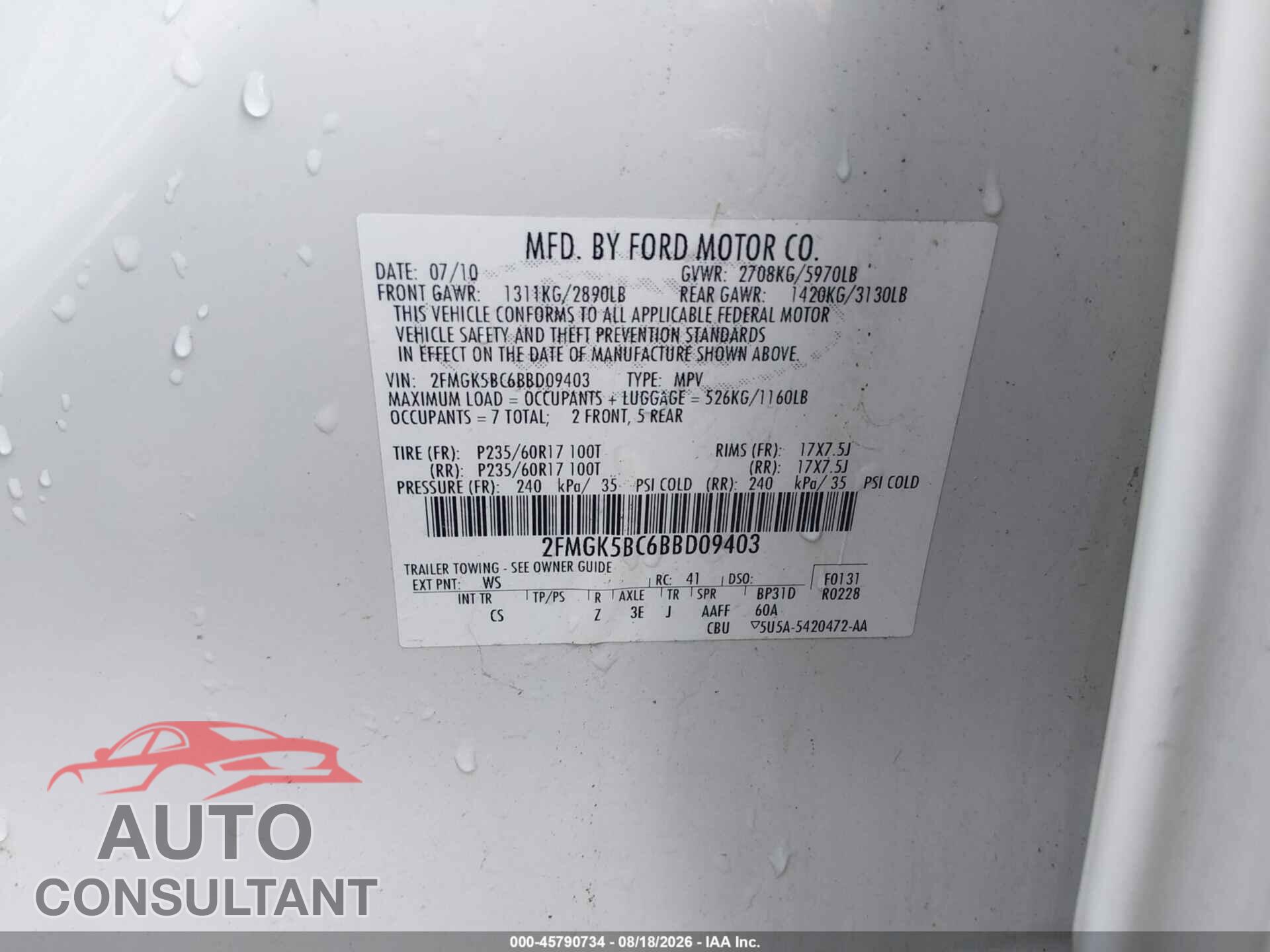 FORD FLEX 2011 - 2FMGK5BC6BBD09403