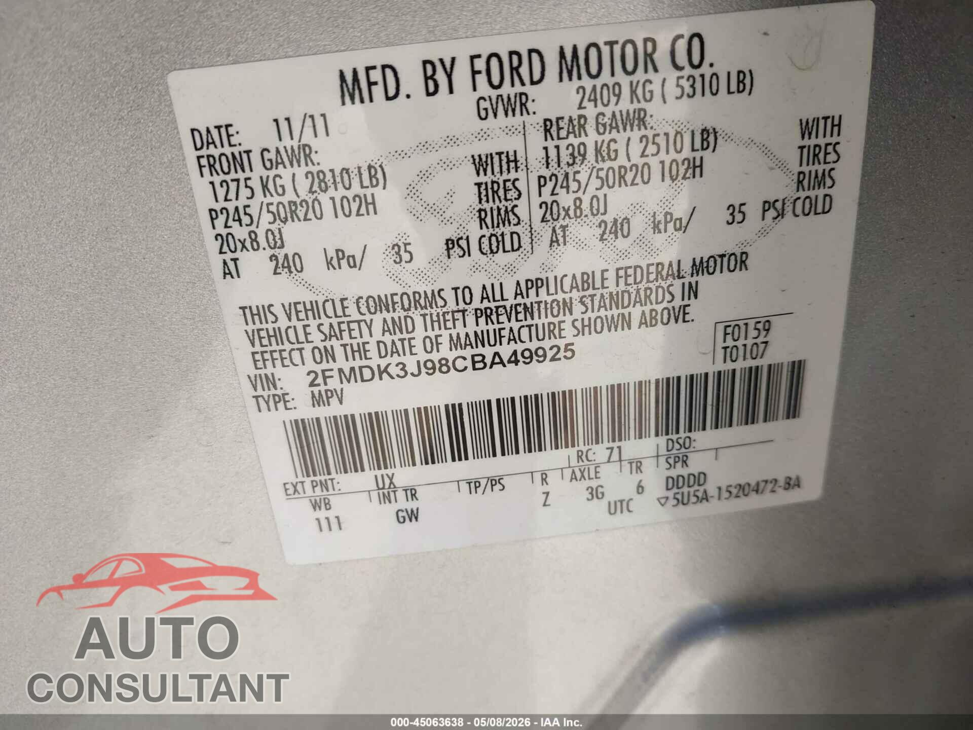FORD EDGE 2012 - 2FMDK3J98CBA49925