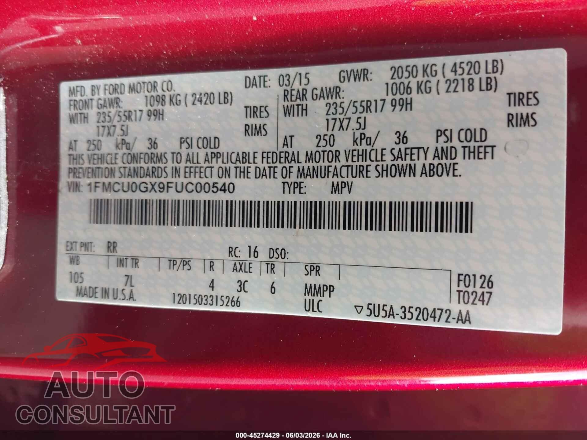 FORD ESCAPE 2015 - 1FMCU0GX9FUC00540