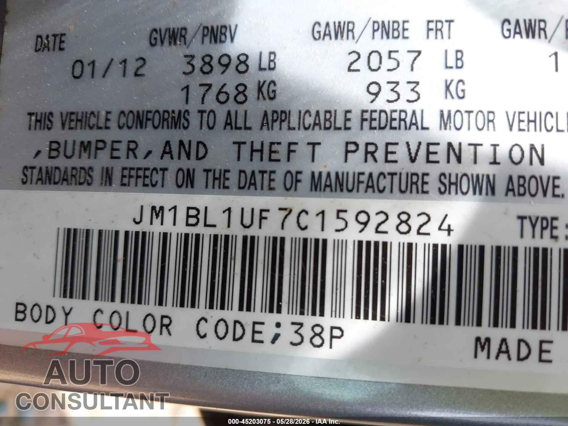 MAZDA MAZDA3 2012 - JM1BL1UF7C1592824