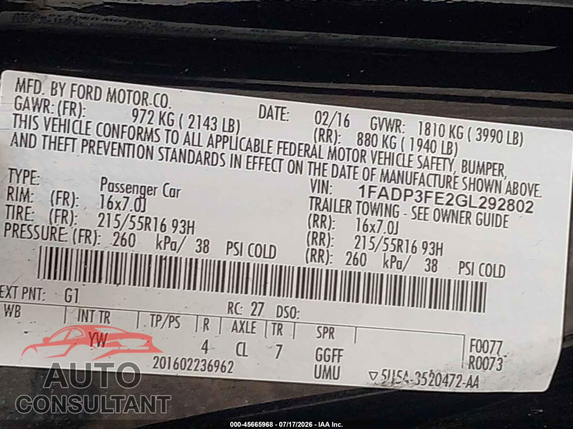 FORD FOCUS 2016 - 1FADP3FE2GL292802