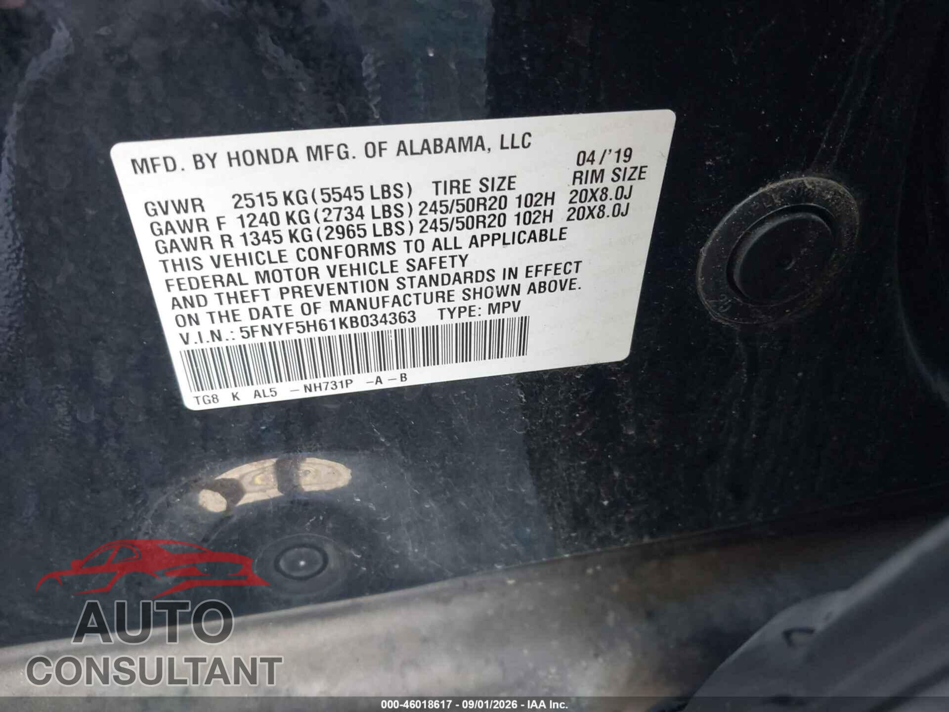 HONDA PILOT 2019 - 5FNYF5H61KB034363