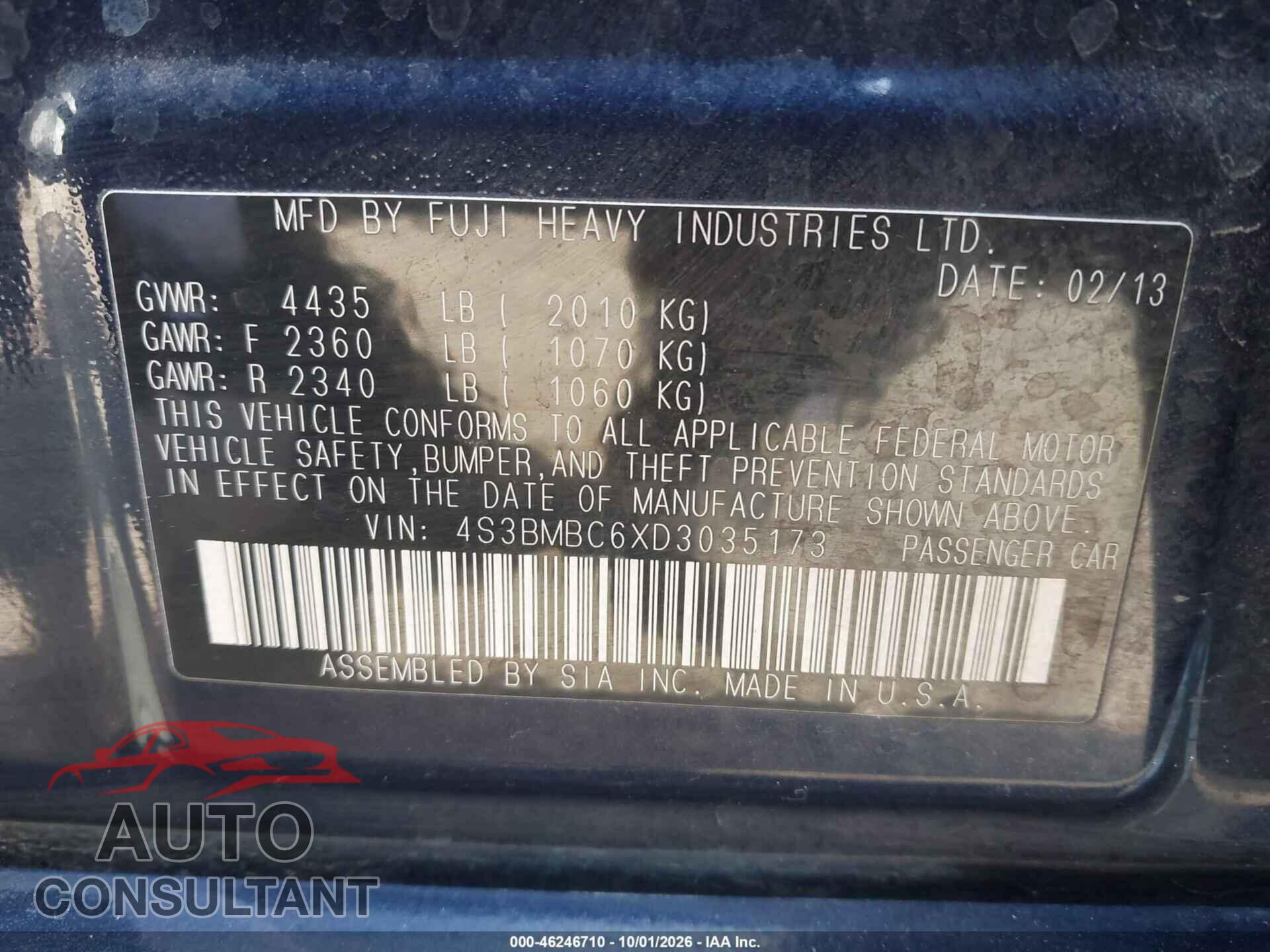 SUBARU LEGACY 2013 - 4S3BMBC6XD3035173