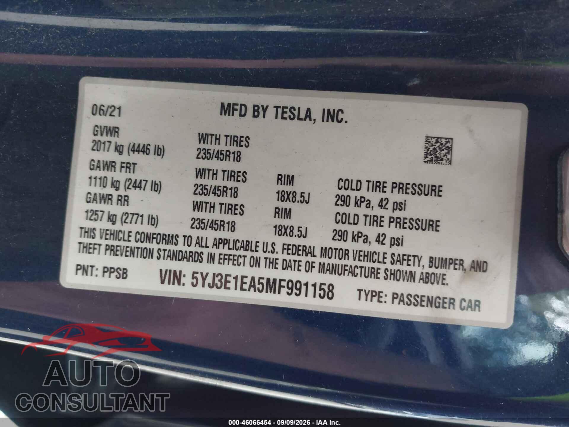 TESLA MODEL 3 2021 - 5YJ3E1EA5MF991158