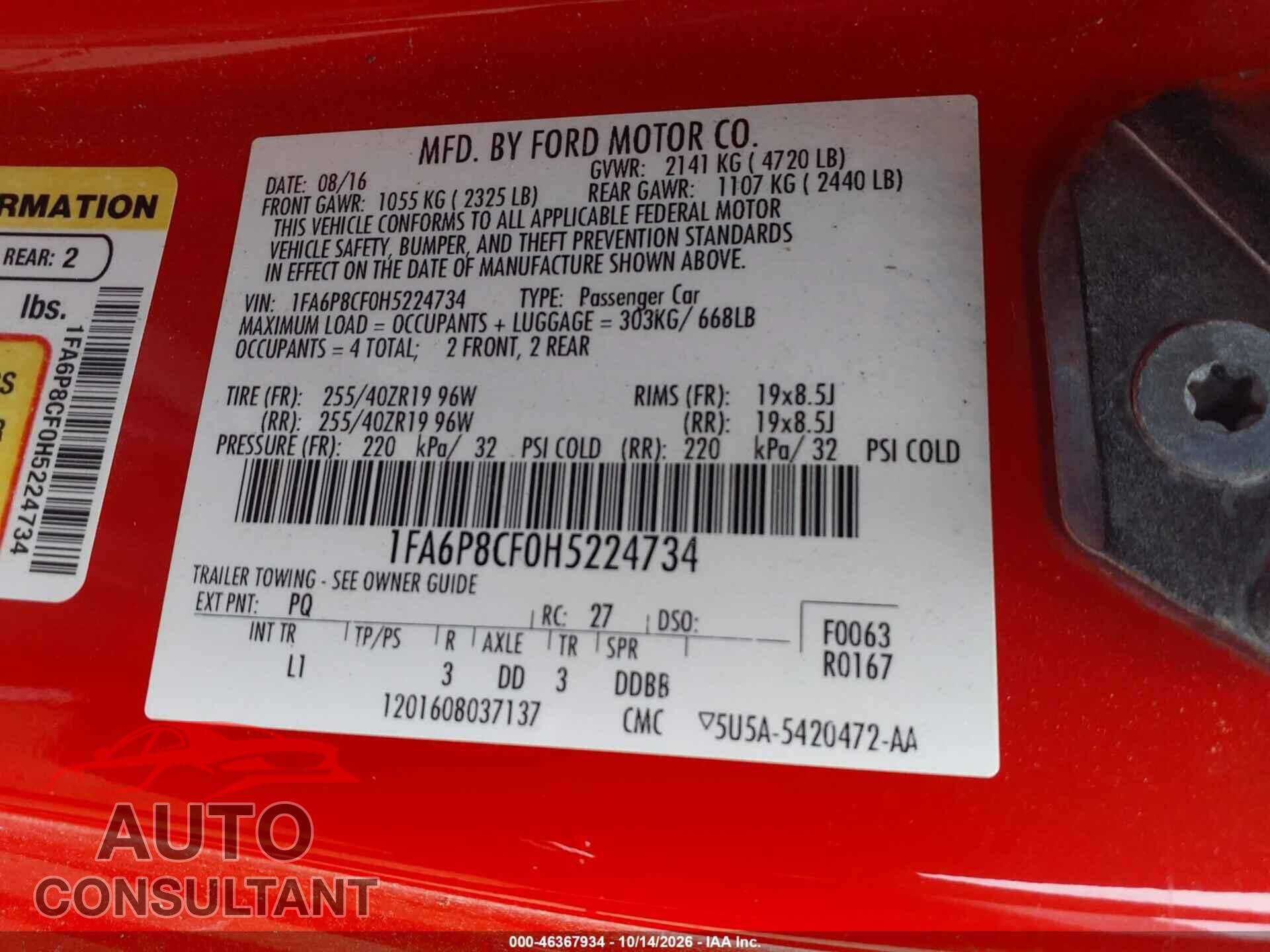 FORD MUSTANG 2017 - 1FA6P8CF0H5224734