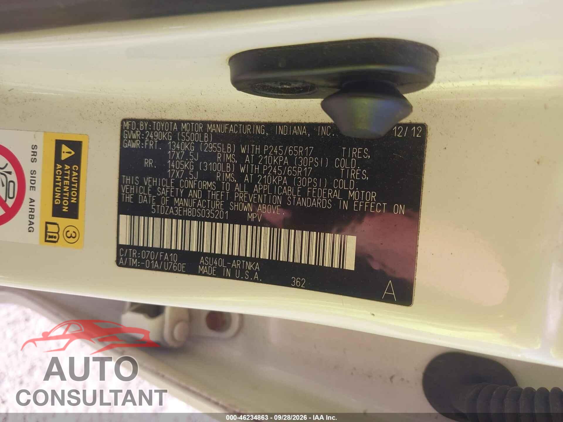 TOYOTA HIGHLANDER 2013 - 5TDZA3EH8DS035201