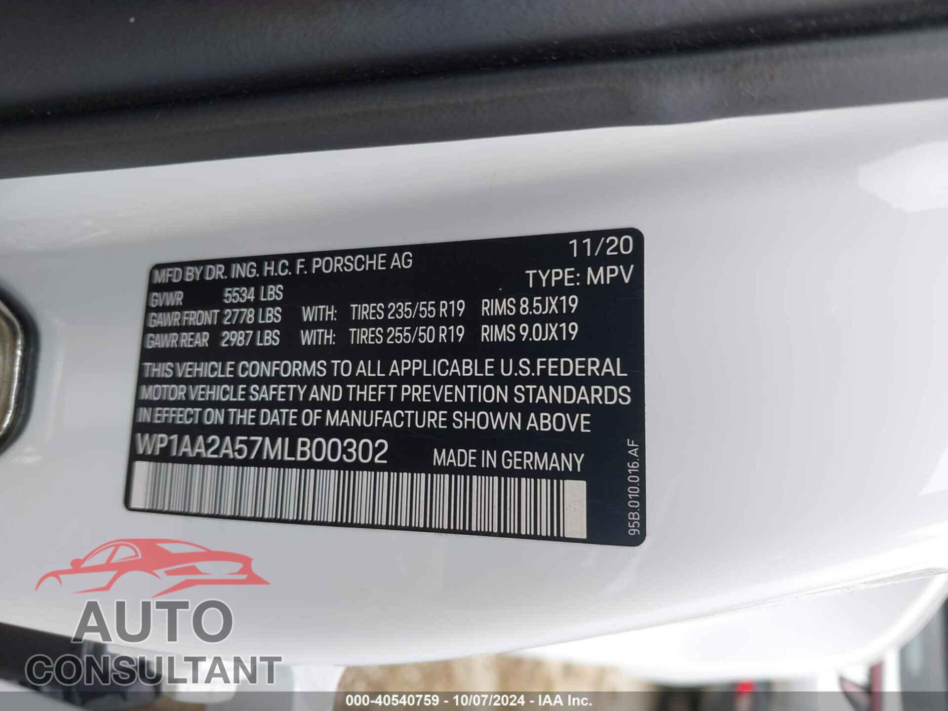 PORSCHE MACAN 2021 - WP1AA2A57MLB00302