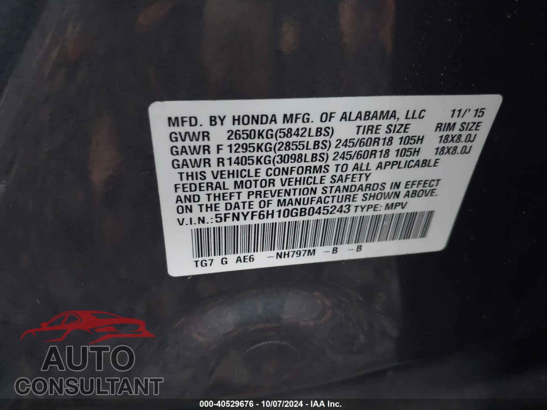 HONDA PILOT 2016 - 5FNYF6H10GB045243