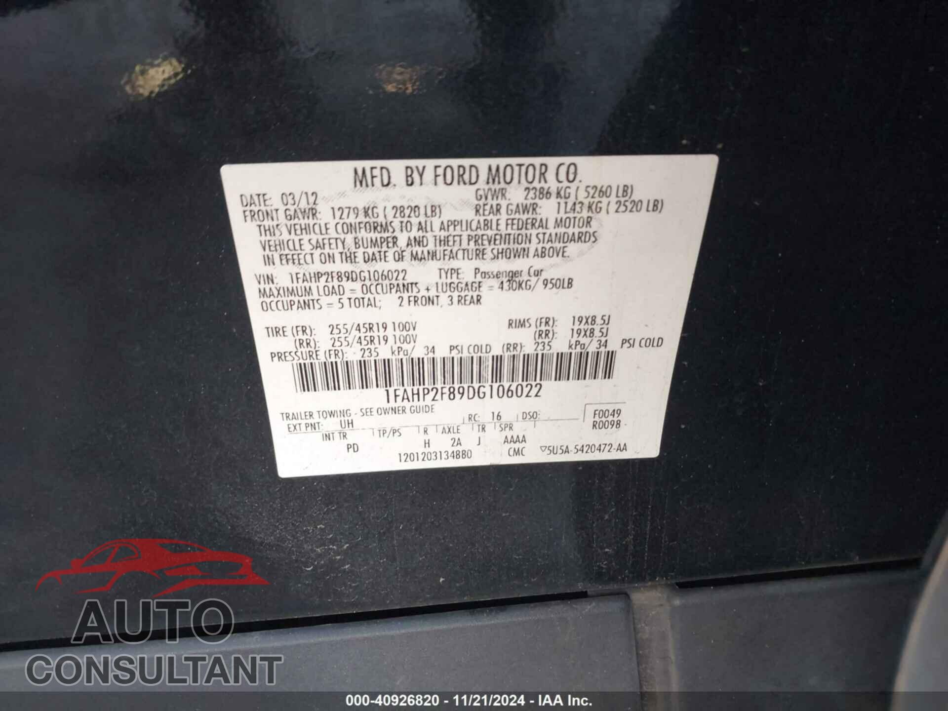 FORD TAURUS 2013 - 1FAHP2F89DG106022
