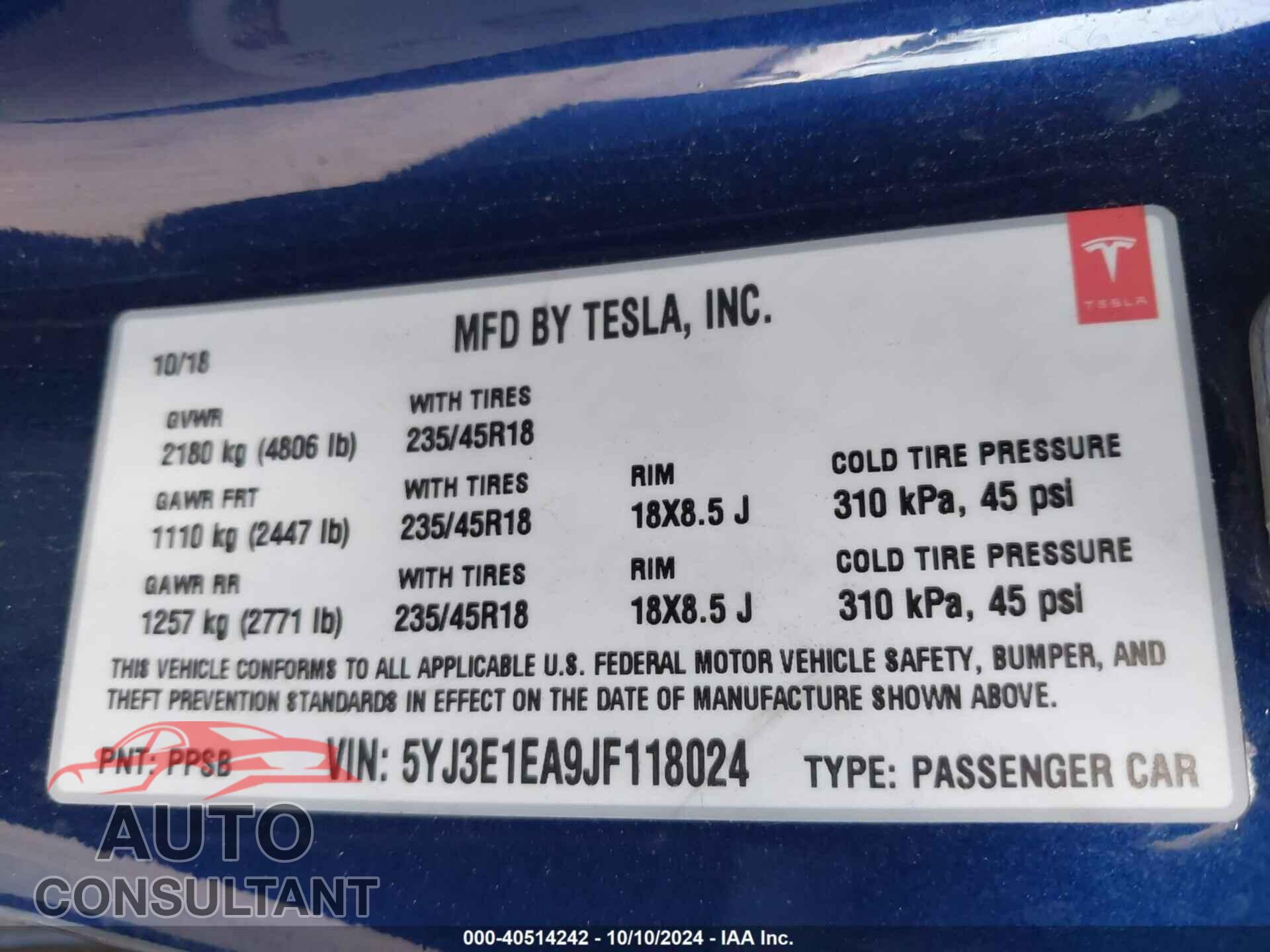 TESLA MODEL 3 2018 - 5YJ3E1EA9JF118024