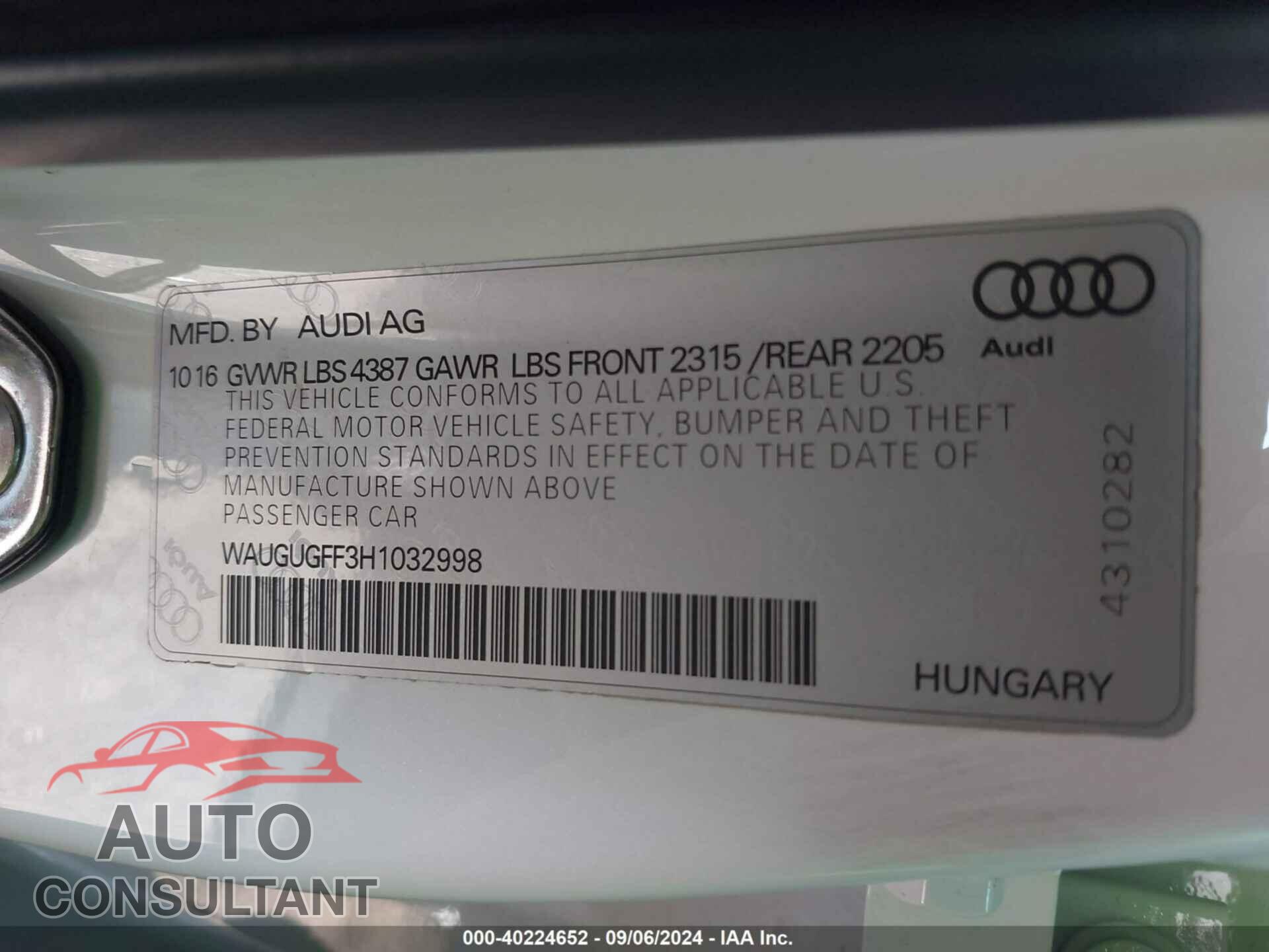 AUDI A3 2017 - WAUGUGFF3H1032998