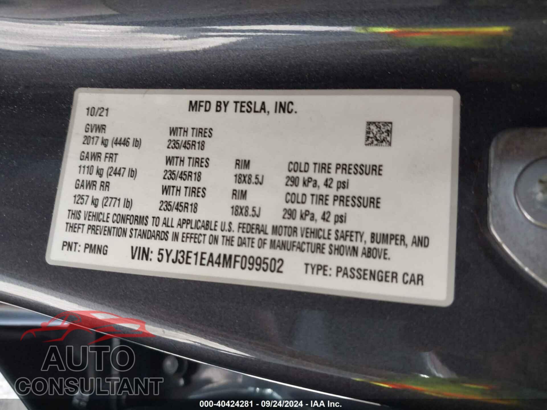 TESLA MODEL 3 2021 - 5YJ3E1EA4MF099502