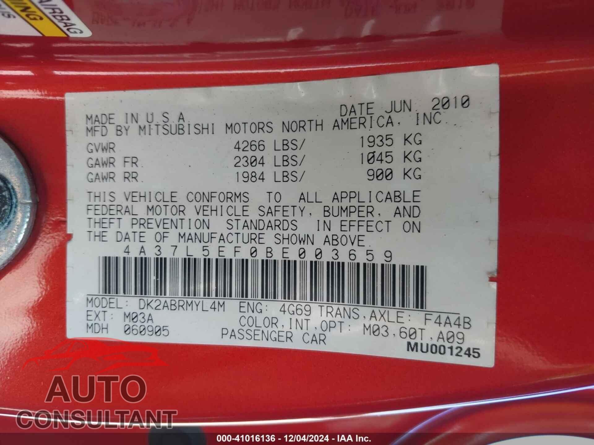 MITSUBISHI ECLIPSE SPYDER 2011 - 4A37L5EF0BE003659