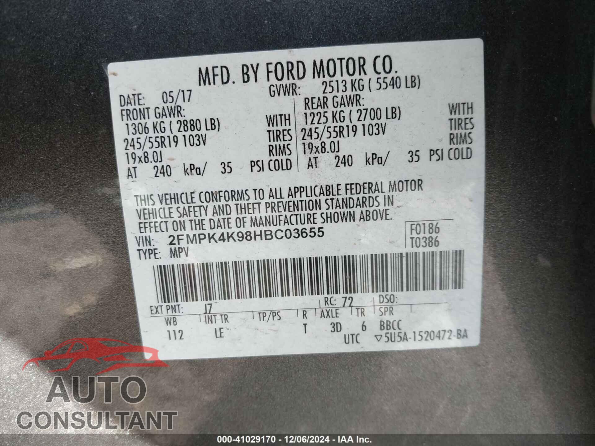 FORD EDGE 2017 - 2FMPK4K98HBC03655