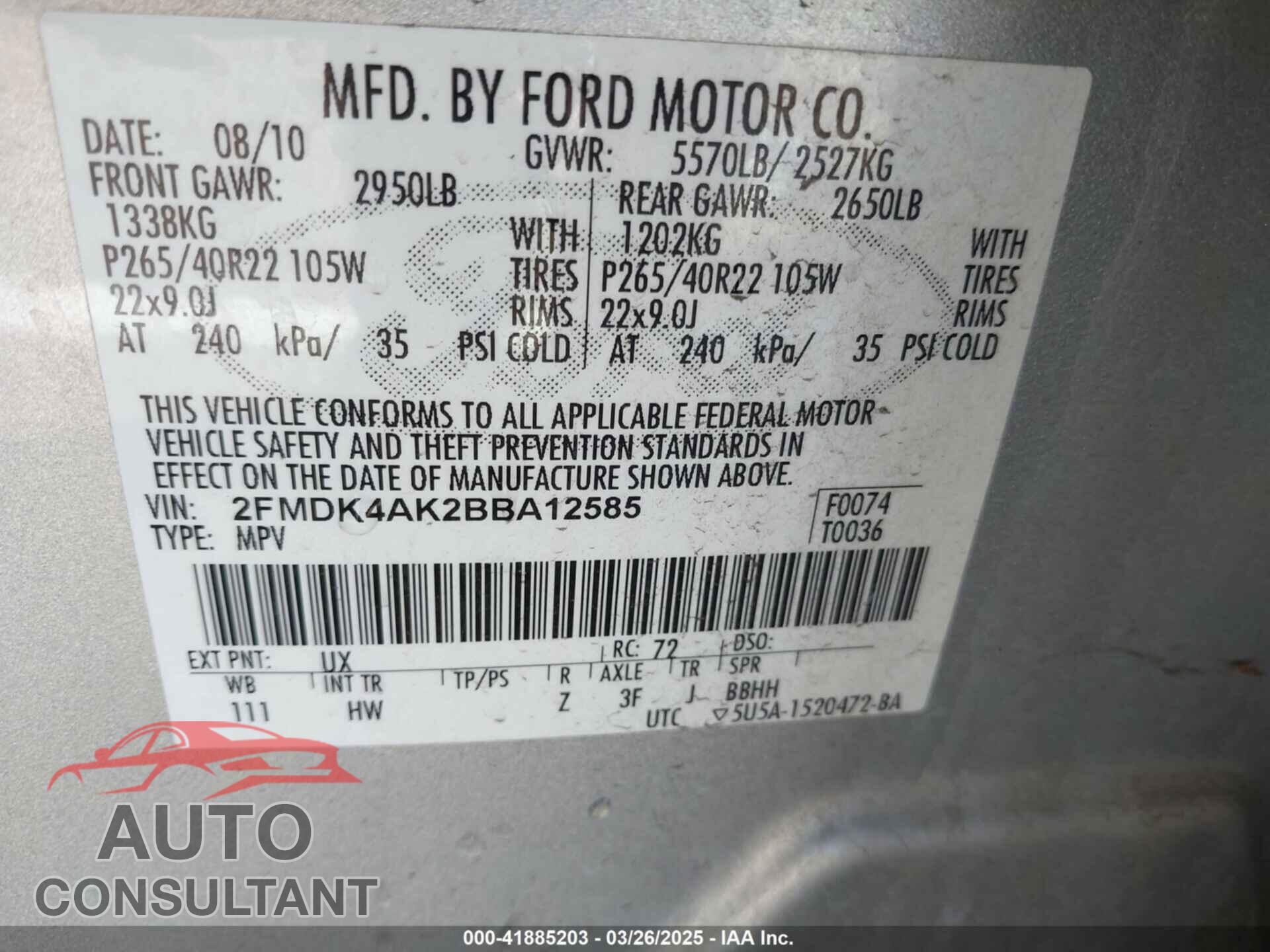 FORD EDGE 2011 - 2FMDK4AK2BBA12585