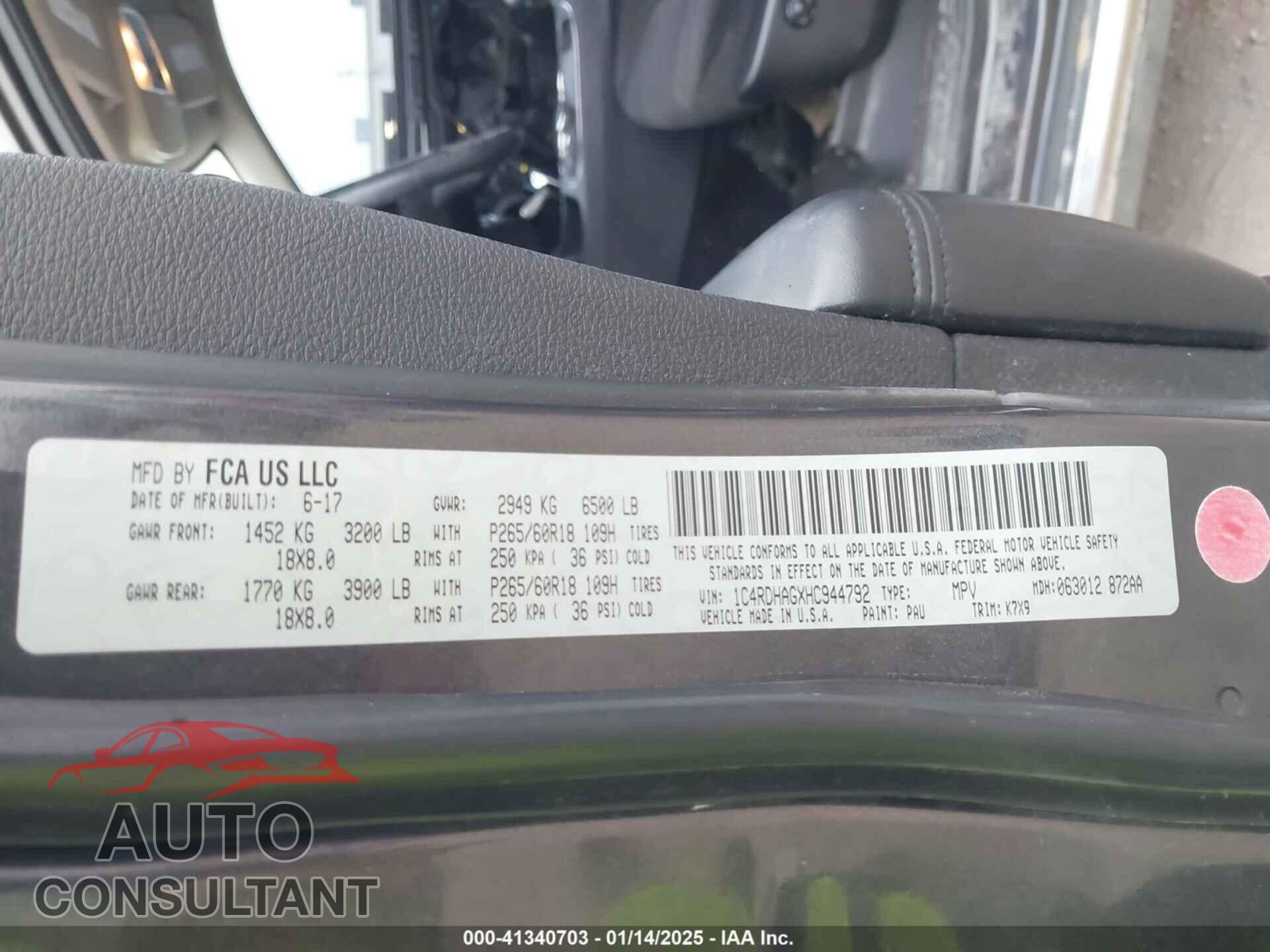 DODGE DURANGO 2017 - 1C4RDHAGXHC944792