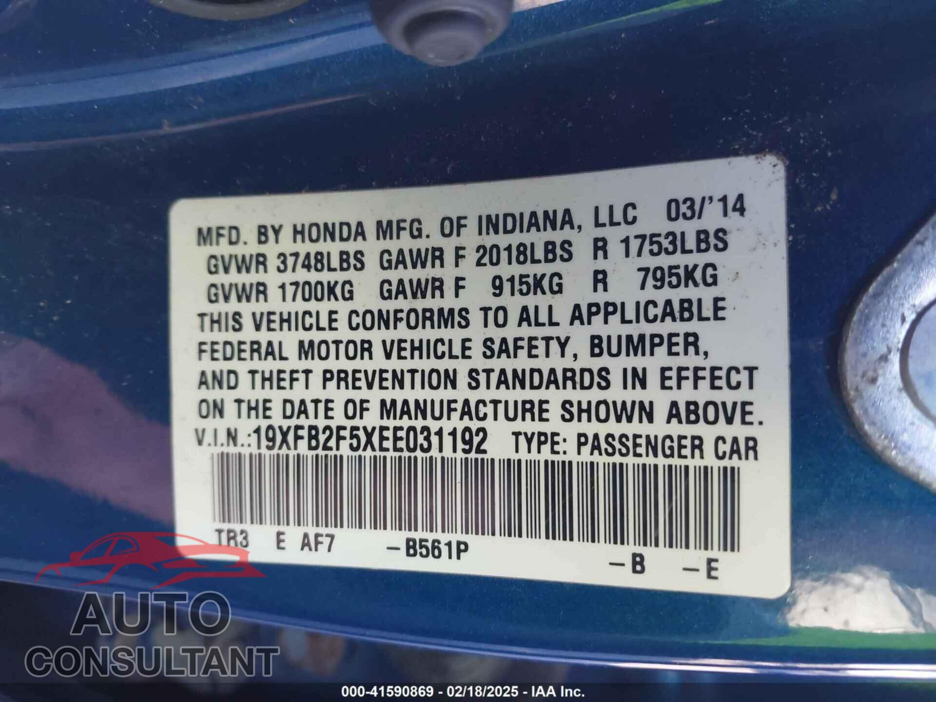 HONDA CIVIC 2014 - 19XFB2F5XEE031192