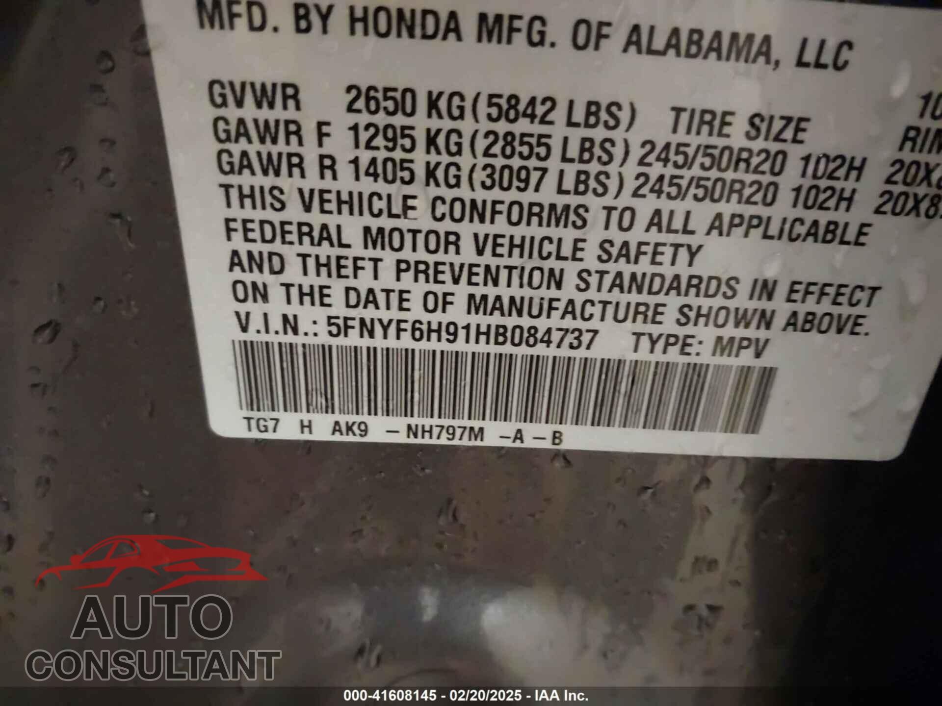 HONDA PILOT 2017 - 5FNYF6H91HB084737