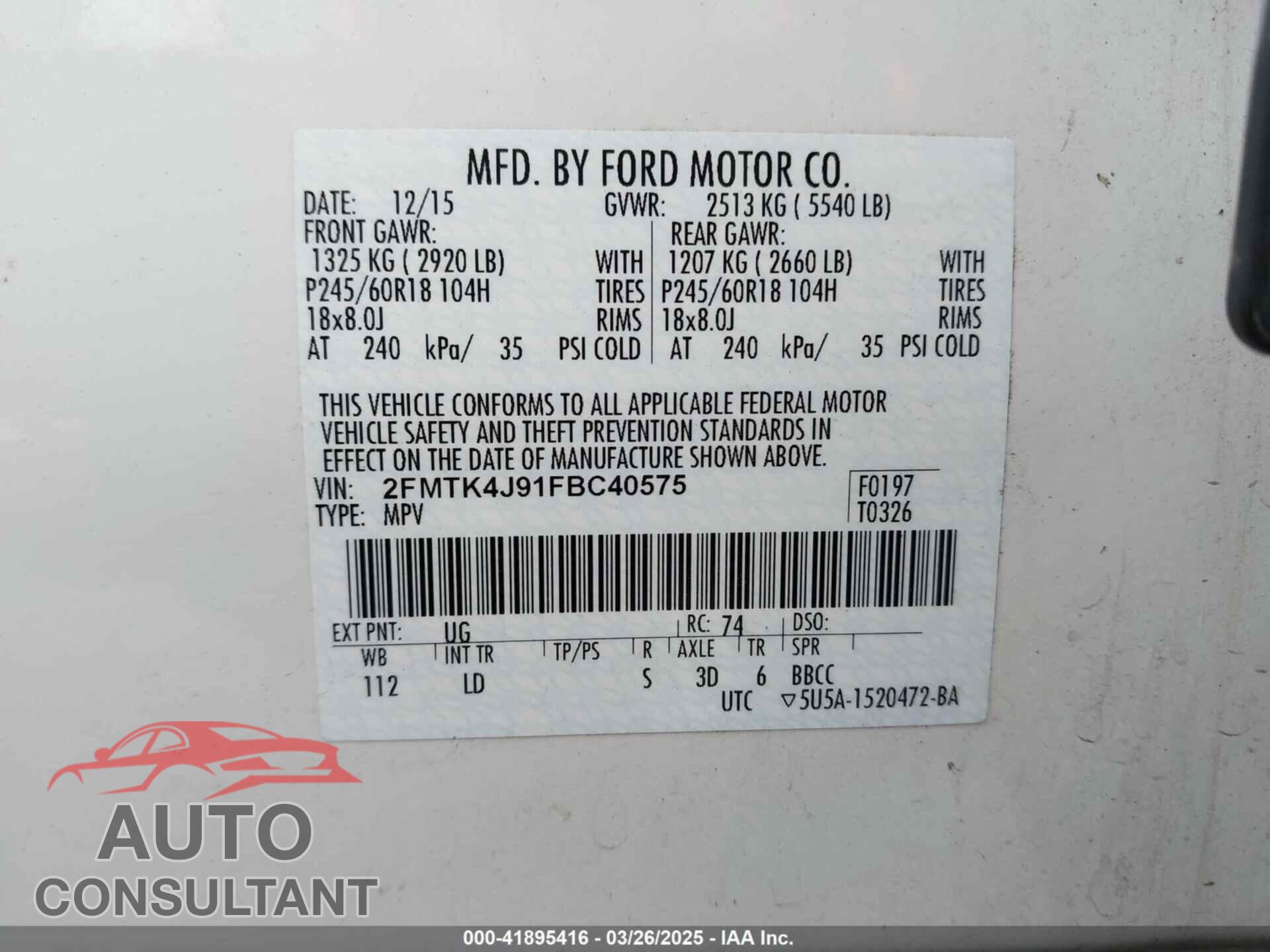 FORD EDGE 2015 - 2FMTK4J91FBC40575