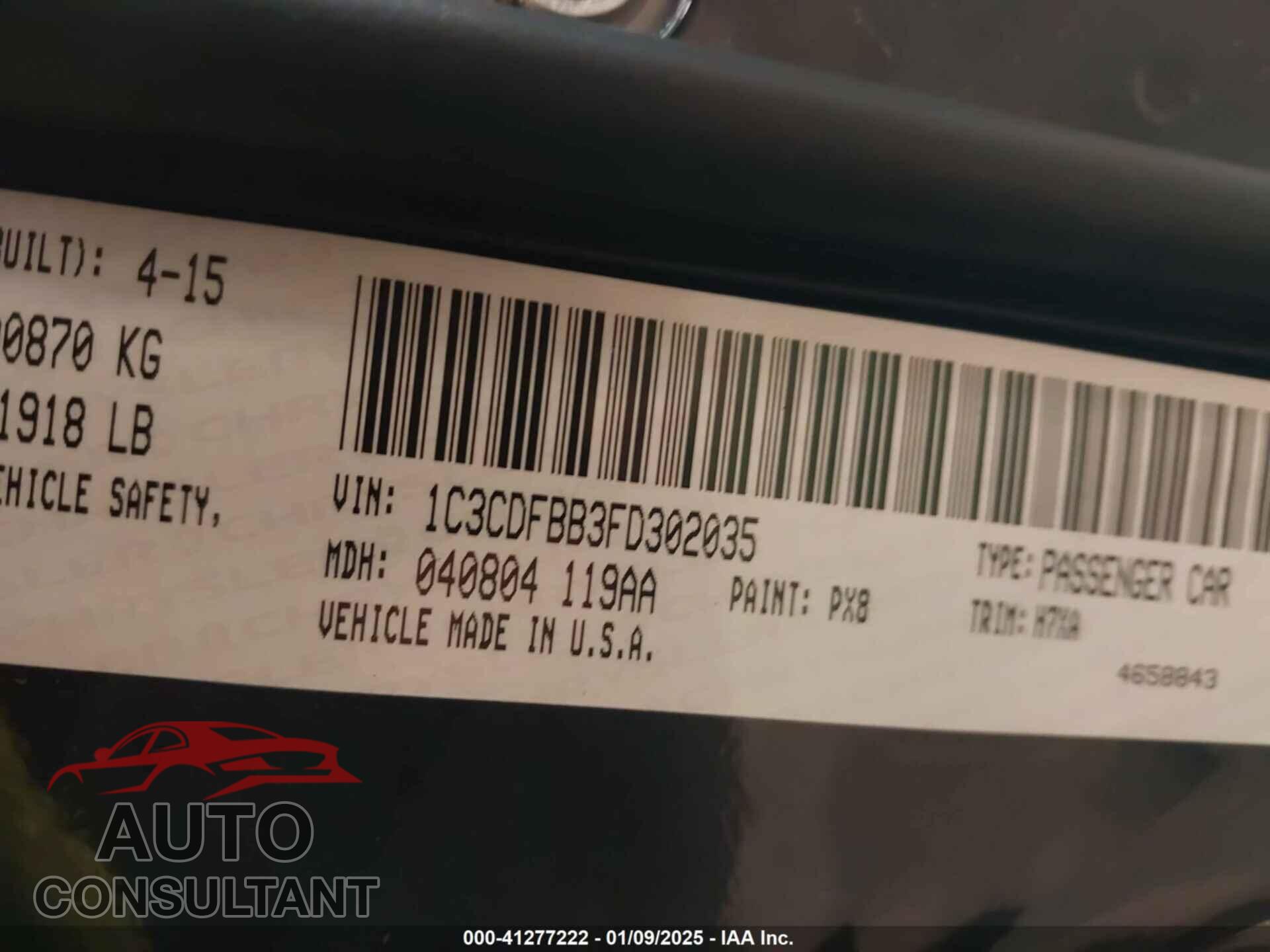 DODGE DART 2015 - 1C3CDFBB3FD302035