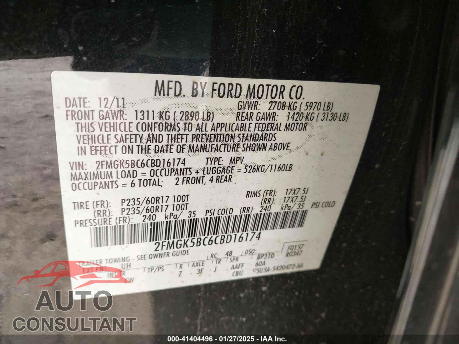 FORD FLEX 2012 - 2FMGK5BC6CBD16174