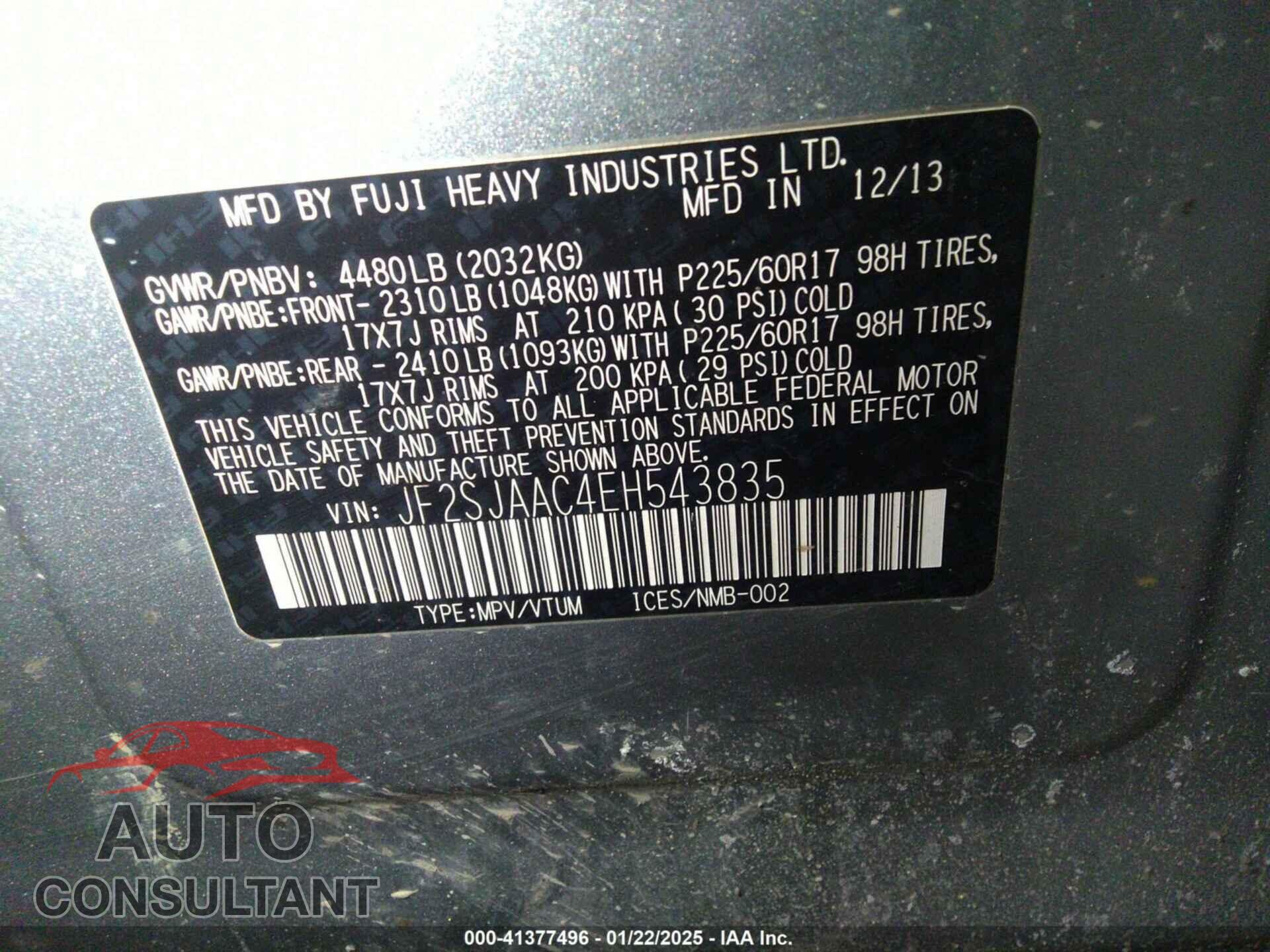 SUBARU FORESTER 2014 - JF2SJAAC4EH543835